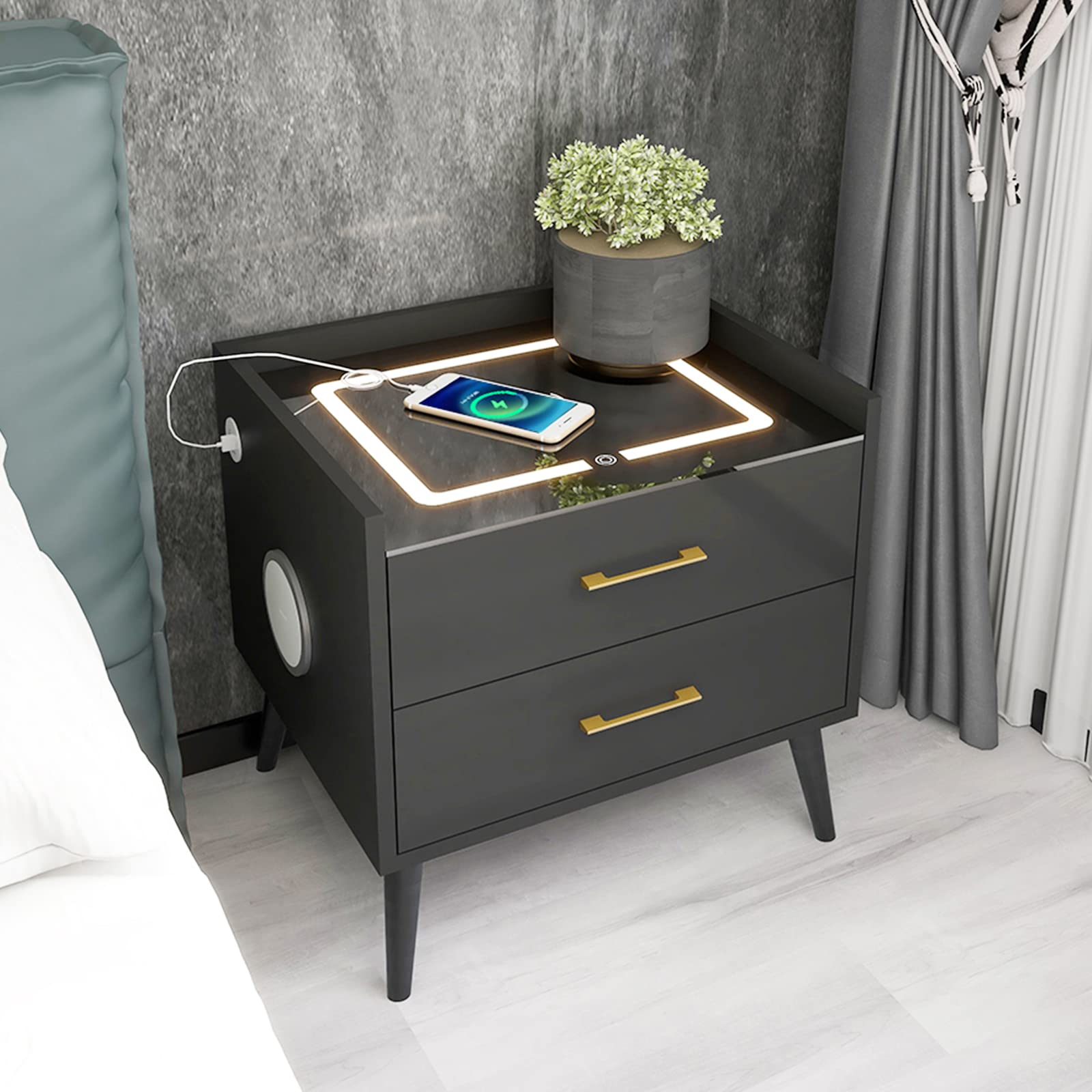 Smart LED Nightstand with 2 Drawers & Wireless Charging Station - Bluetooth Speaker Side Table with Storage - Modern Small Bedside Table for Bedroom, Living Room, Office (Black) - Perfect for Bedside Organization & Phone Charging While You Sleep