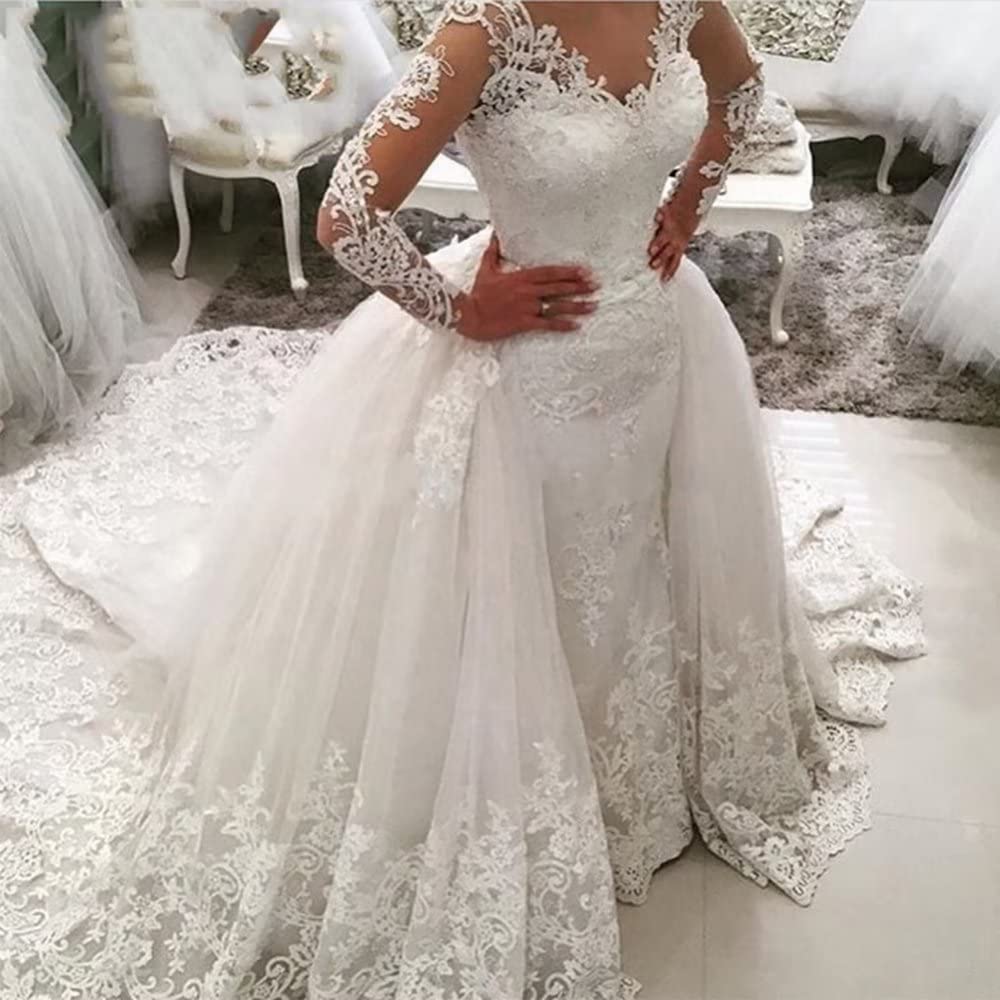 Elegant Long Sleeve Lace Mermaid Wedding Dress with Detachable Train for Bride - Perfect for Church Ceremonies, Beach Weddings & Formal Receptions