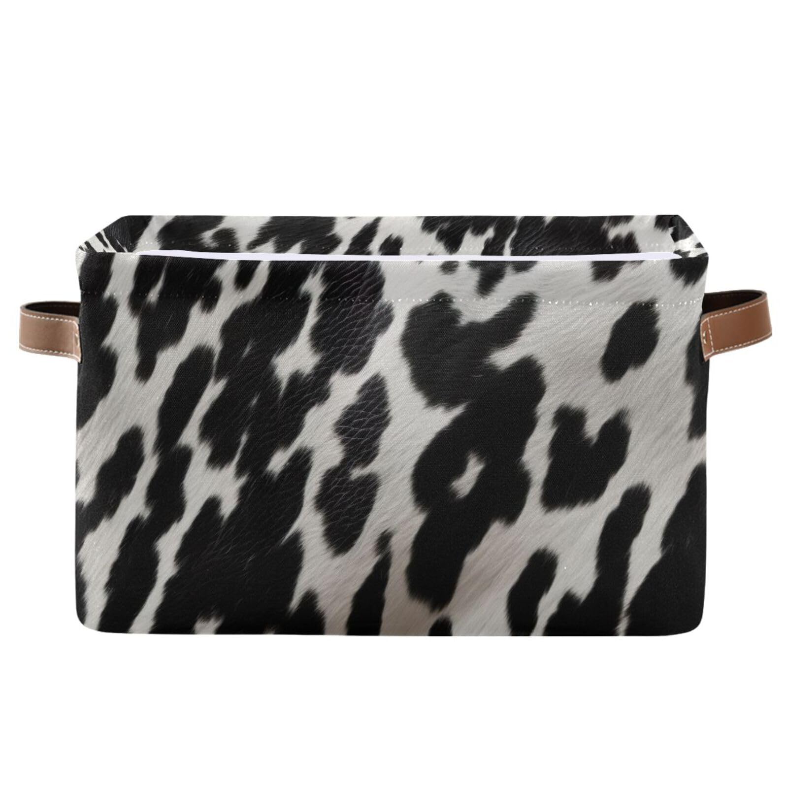 Cow Print Storage Baskets - Foldable Canvas Fabric Organizer Box with Handles - 2 Pack Rectangle Clothes Storage Bins for Home, Office, Closet & Shelves - Perfect for Bedroom, Laundry Room & Kids Room Organization
