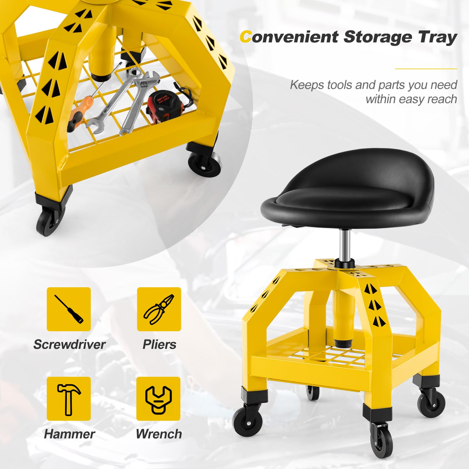 Goplus Heavy Duty Mechanic Stool with Wheels - 360° Swivel Rolling Garage Stool, Adjustable Height 22.5”-27.5”, Padded Seat & Tool Tray, 330 LBS Capacity - Perfect for Auto Repair, Workshop, DIY Projects & Industrial Use
