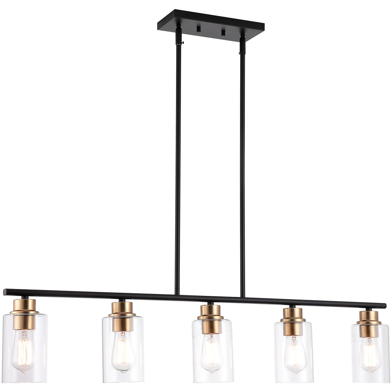 5-Light Farmhouse Industrial Pendant Lighting for Kitchen Island - Matte Black & Gold with Clear Glass Shade - Perfect for Dining Room, Living Room & Kitchen Decor