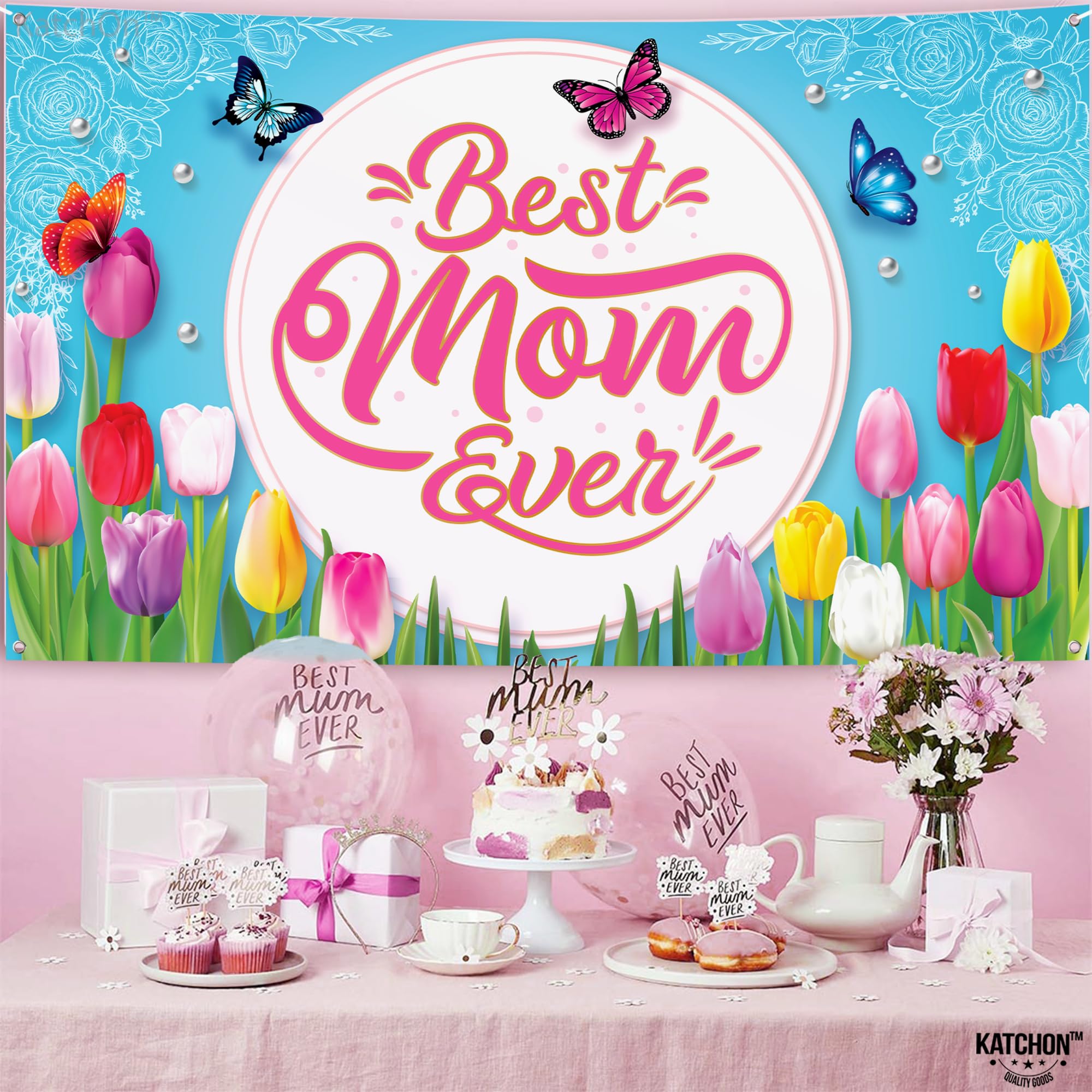 KatchOn Extra Large 72x44 Inch 'Best Mom Ever' Banner - Pink & Blue Happy Mother's Day Party Decorations | Mother's Day Backdrop for Home, Office & Outdoor Celebrations