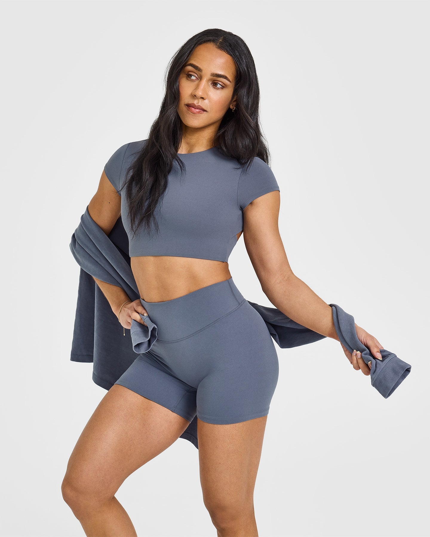 SoftMotion™ Short Sleeve Crop Top for Women - Breathable Stretchy Workout Shirt in Granite Blue | Yoga, Gym & Casual Wear