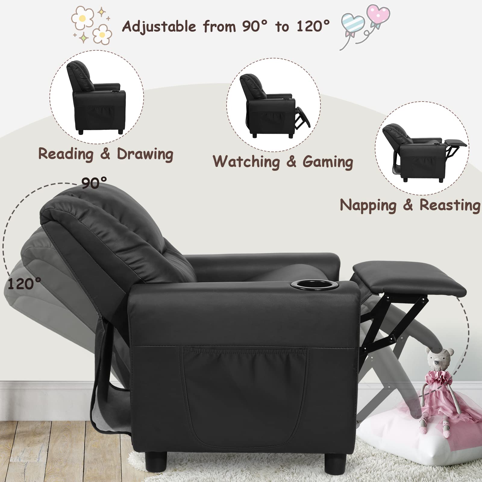 **Kids Recliner Chair for Toddlers 1-4 Years - Soft Toddler Sofa with Cup Holder & Side Pockets - Comfortable Children's Reclining Couch for Bedroom & Living Room - Perfect for Playtime, Naps & Movie Nights (Black)**