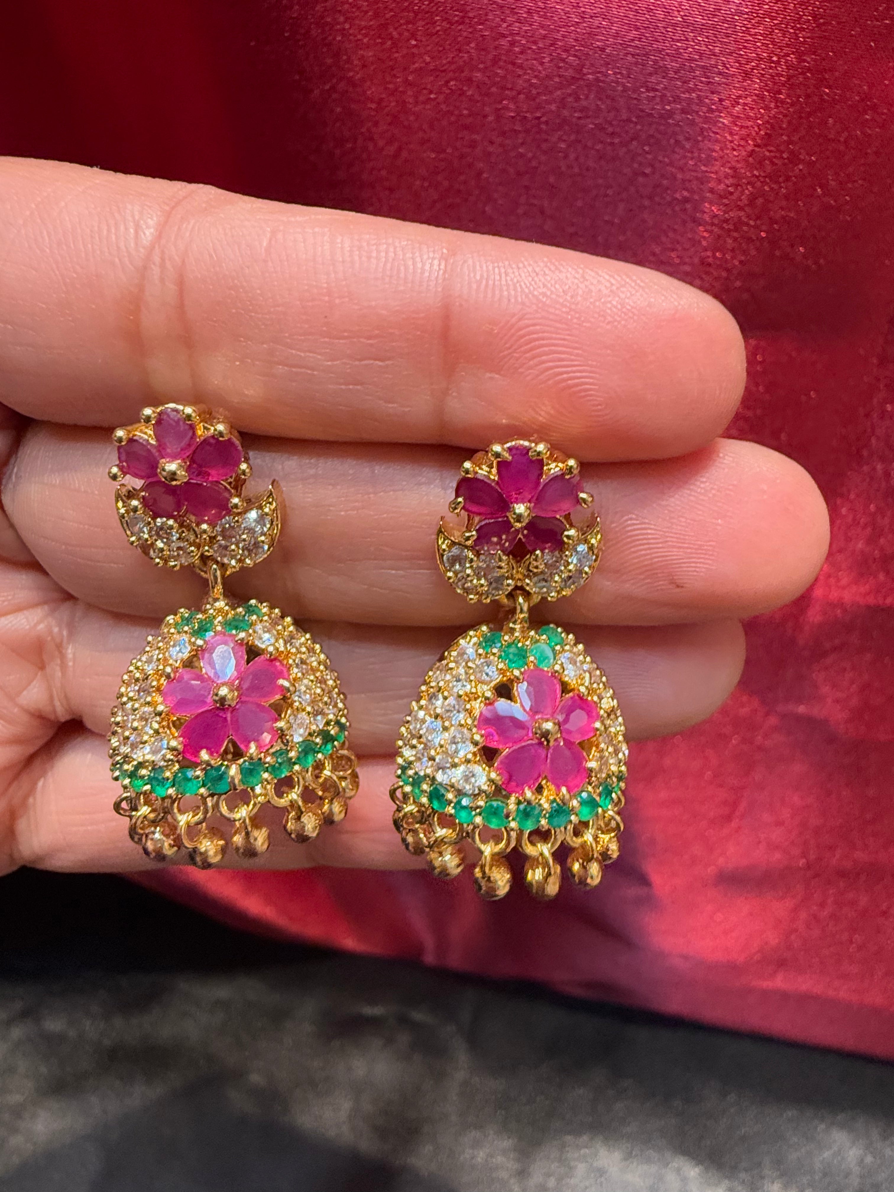 Exquisite Gold Plated Jhumka Earrings with Pink & Green Gemstones Floral Design for Women | Indian Ethnic Jewelry for Weddings, Parties & Festive Occasions