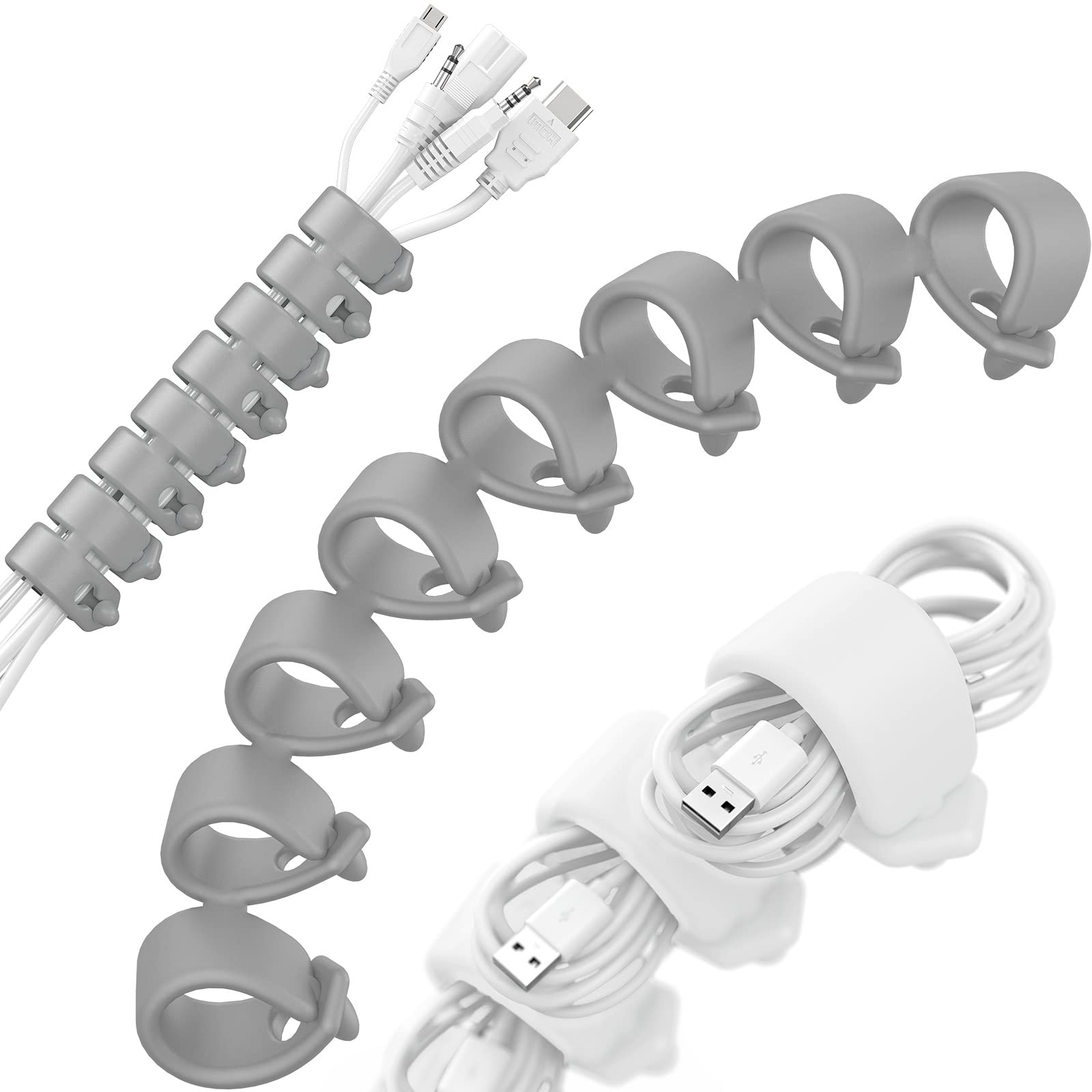 ELFRhino 2 Pack Reusable Cable Organizer Straps - 8-in-1 Multipurpose Cord Protector for Earbuds, Headphones, Chargers | Cable Management Solution for Travel, Office & Home (8L Grey/White)