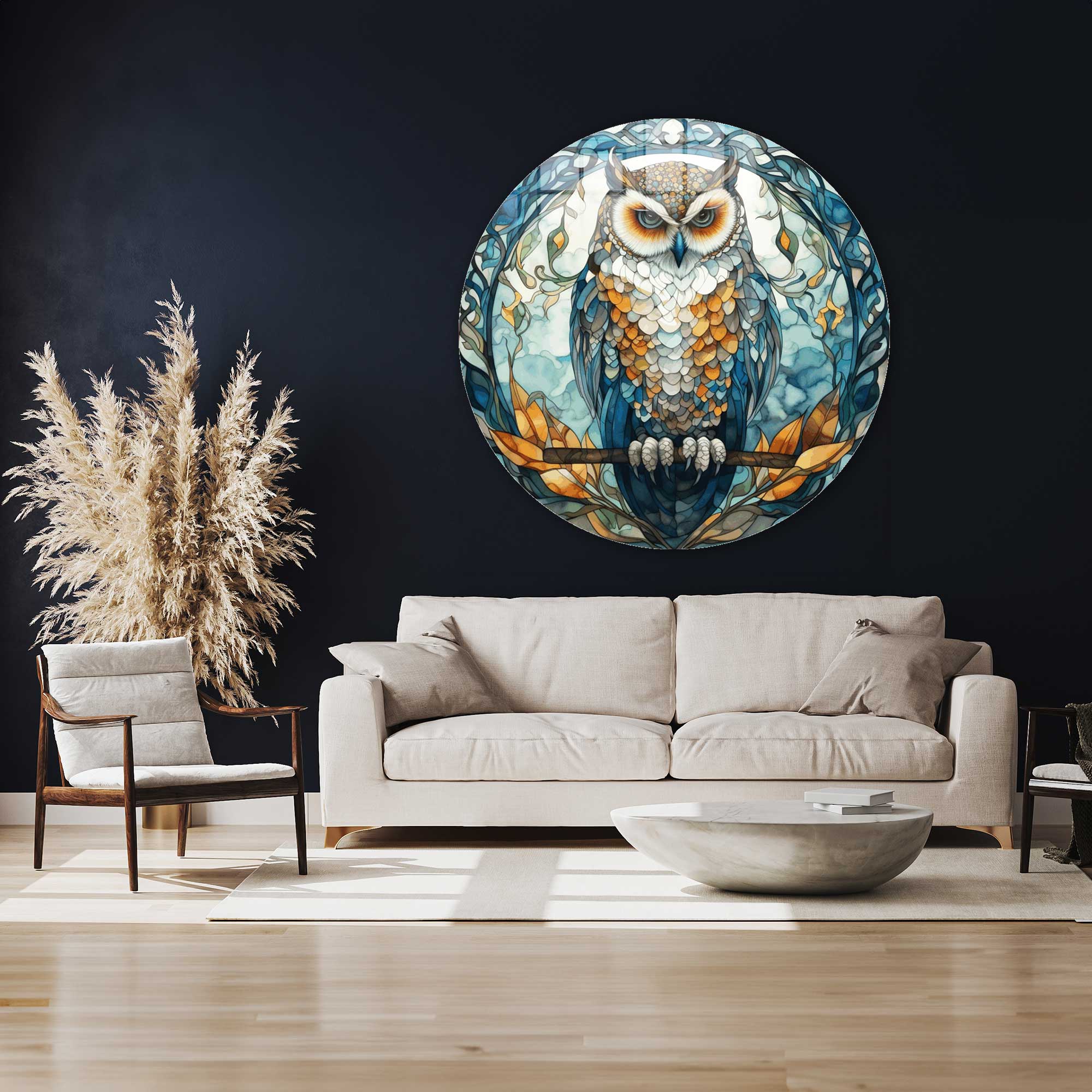 Stained Owl Rounded Glass Wall Art - Handmade Decorative Glass Panel for Home & Office Decor - Perfect for Living Room, Bedroom, or Gift Giving