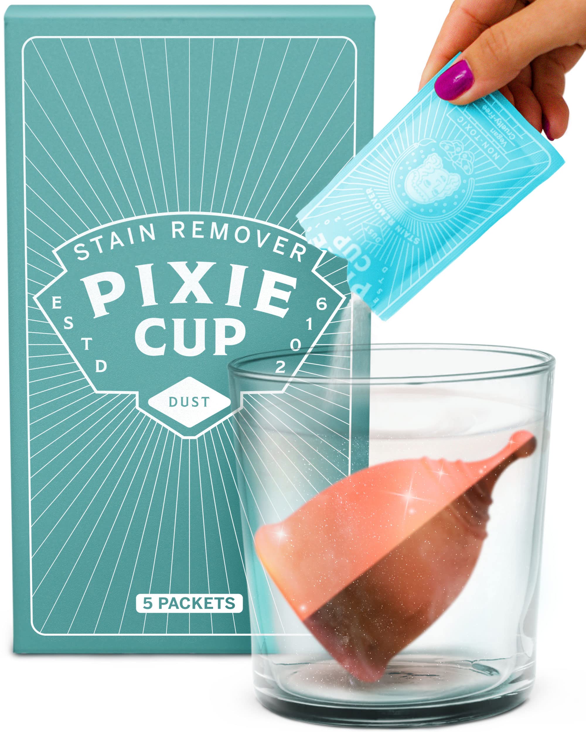 Organic & Natural Pixie Cup Stain Remover for Menstrual Cups & Discs - 5 Pack Sterilizing Cleaner to Remove Stains from Reusable Period Products - Safe for Sensitive Skin | Perfect for Travel, Gym & Eco-Friendly Period Care