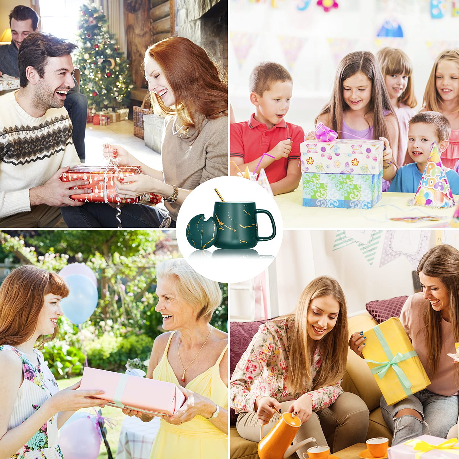 Premium Marbled Ceramic Coffee Mug with Lid & Spoon - 12 oz (350ml) Latte, Cappuccino, Cocoa & Tea Cup - Perfect for Home, Office & Gifts (Green)