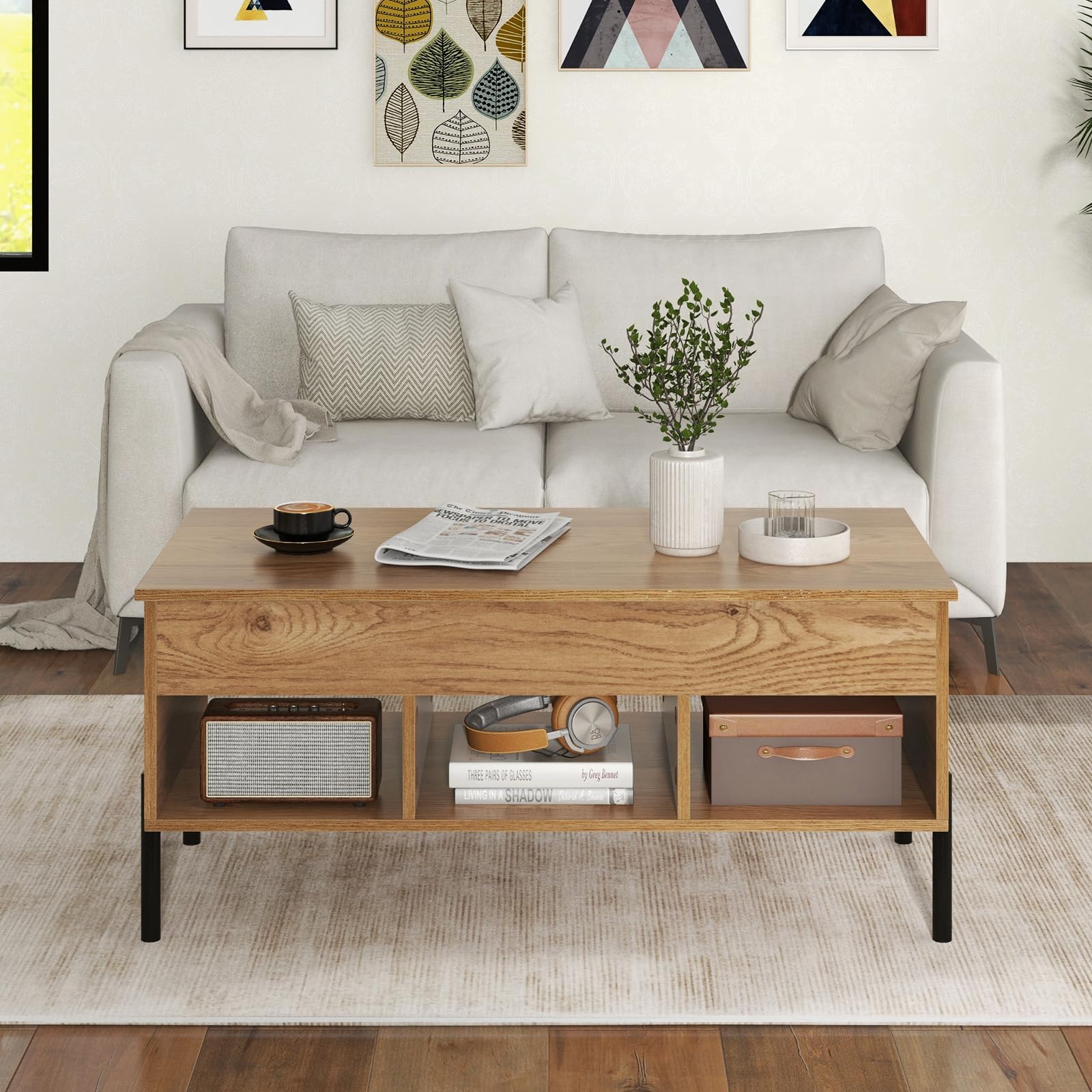 Tangkula Lift Top Coffee Table with Metal Legs - Multifunctional Wooden Dining & Working Table with Hidden Compartment & 3 Open Cubbies for Living Room, Office, Reception Area (Natural Finish) - Perfect for Entertaining, Remote Work, and Stylish Home Decor