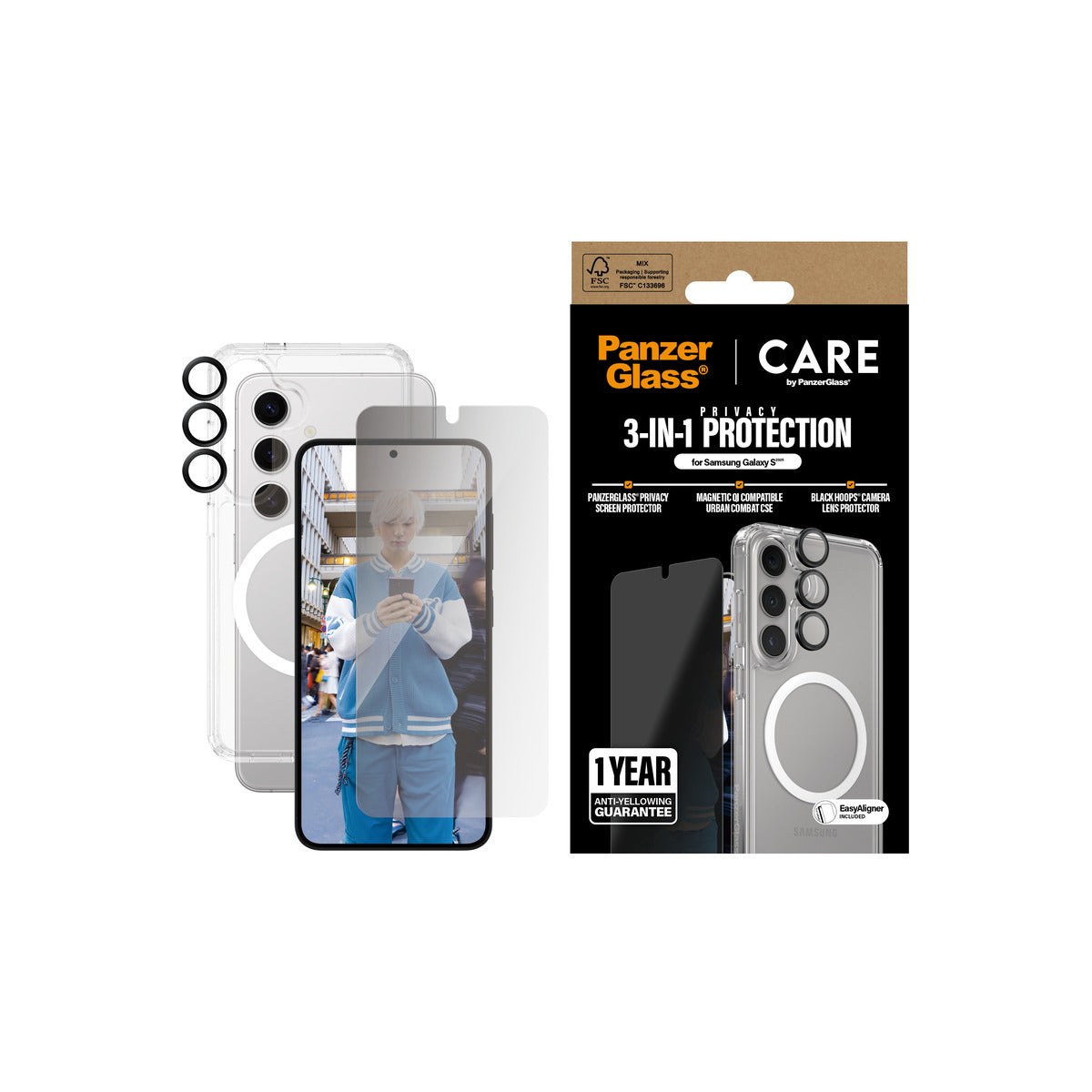 PanzerGlass CARE Flagship 3-in-1 Privacy Screen Protector Bundle for Samsung Galaxy S25 - Anti-Spy, Anti-Glare & Anti-Scratch Protection for Work, Travel & Daily Use