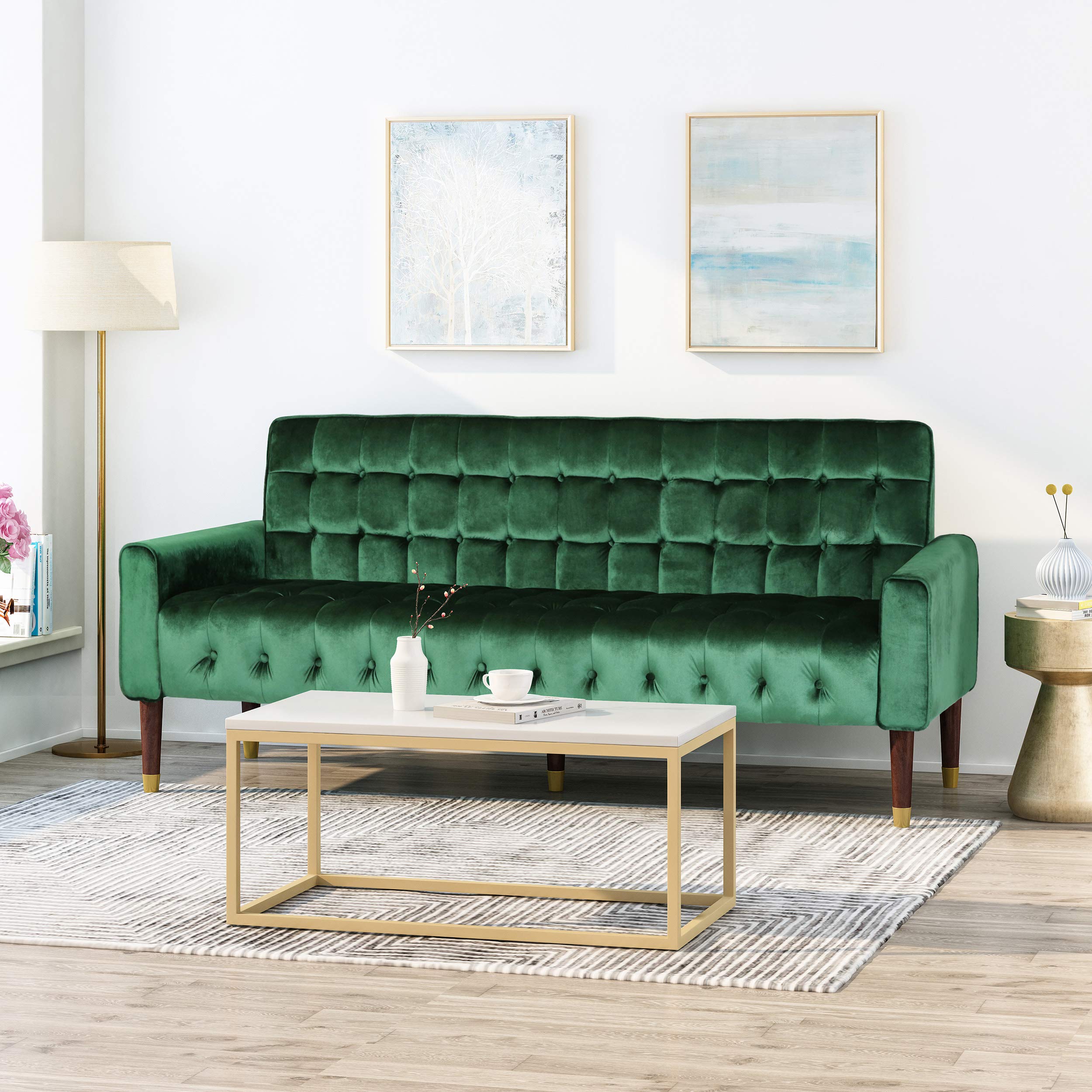 Christopher Knight Home Adan Tufted Velvet Sofa with Tipped Tapered Legs in Emerald Green & Gold Finish - Perfect for Living Room, Lounge & Luxury Home Decor