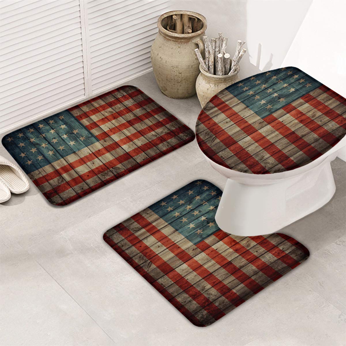 **USA Flag Bath Rugs Set of 3 - Non-Slip Bathroom Rug, U-Shaped Toilet Mat & Lid Cover - Vintage Patriotic Design, Absorbent & Washable for Bathroom & Home Decor - Perfect for Independence Day & Everyday Use**
