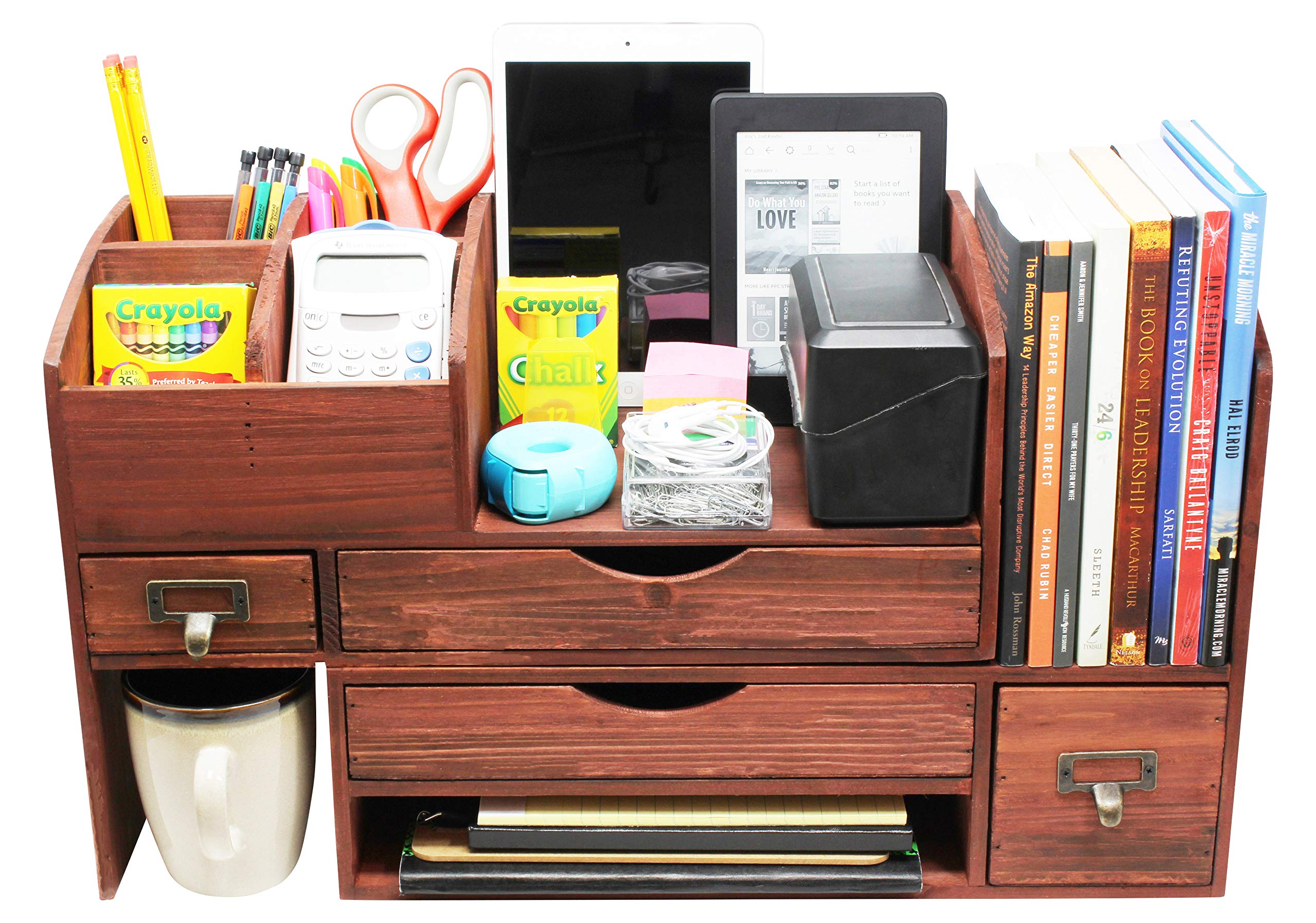 Premium Wooden Office Desk Organizer - Large Adjustable Storage Shelf for Desktop, Tabletop & Counter - Holds Office Supplies, Desk Accessories & Mail - Cherry Finish (WO13) - Perfect for Home Office, Workspace & Professional Environments