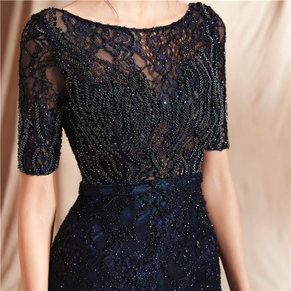 Elegant Navy Blue Long Sleeve Lace Beaded Mermaid Prom Dress for Evening Parties & Formal Events - Perfect for Homecoming, Wedding Guest & Special Occasions