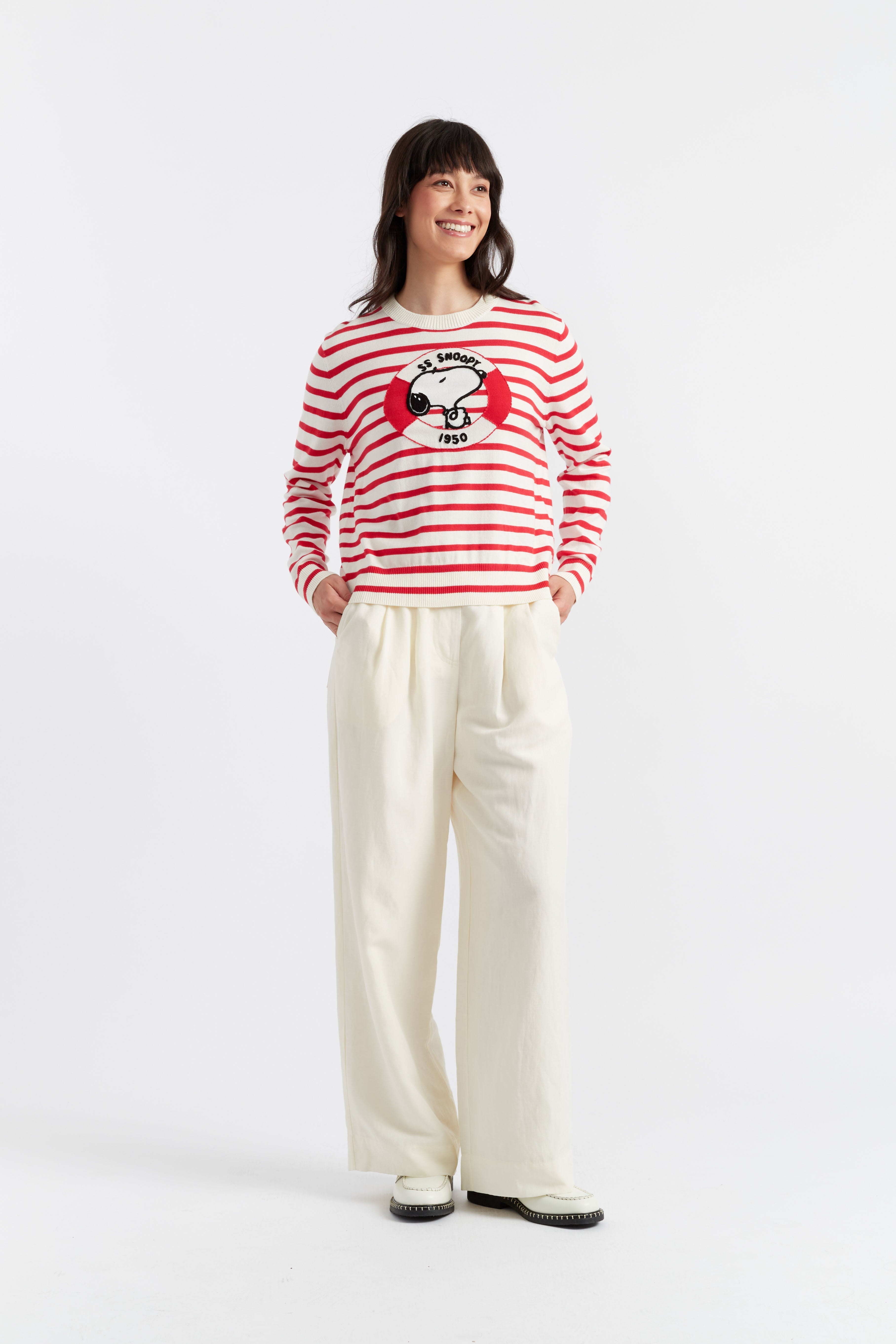 Red Cotton Snoopy Nautical Sweater for Women - Cute Cartoon Dog Pullover - Perfect for Casual Wear, Fall Outfits & Christmas Gifts