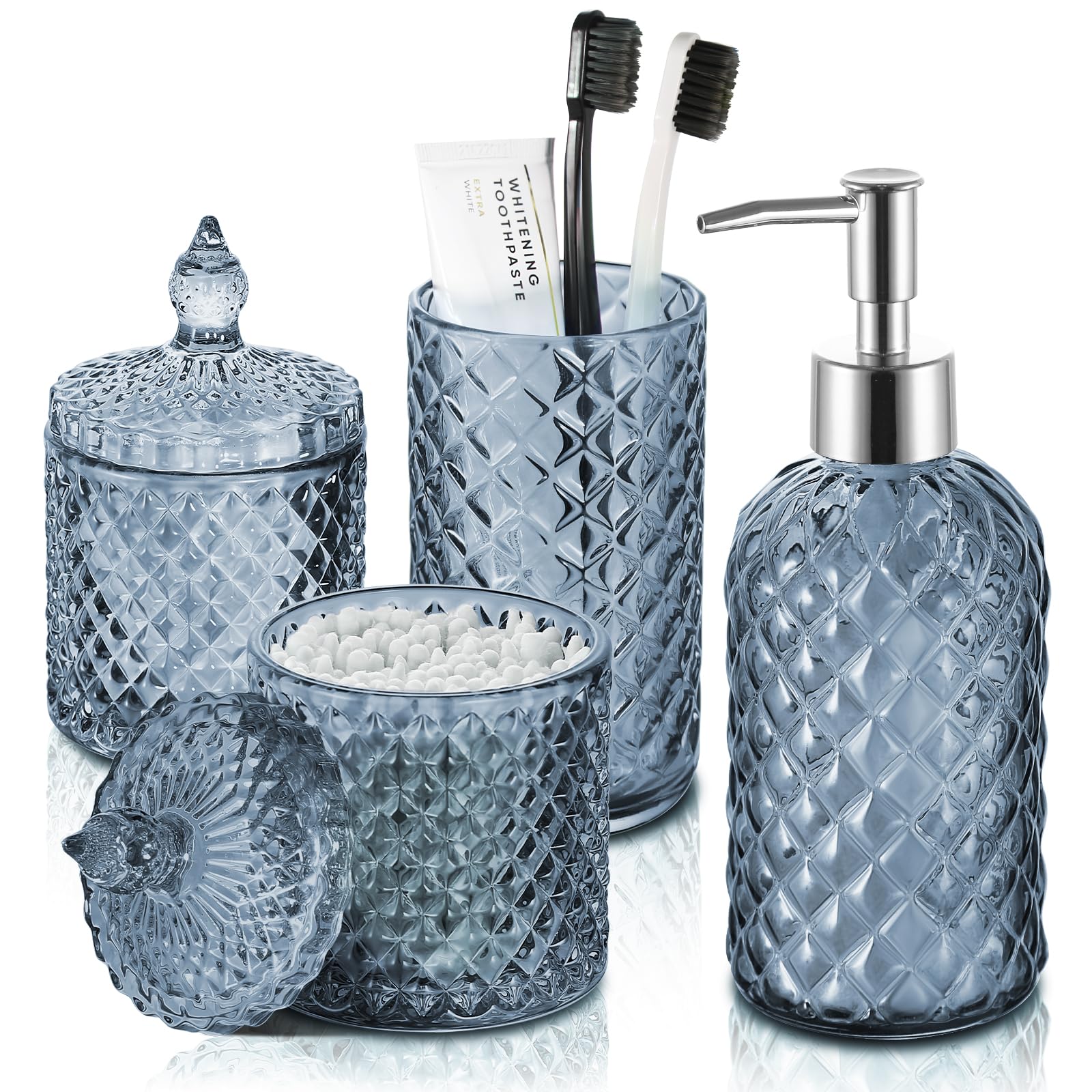 4-Piece Light Blue Bathroom Accessories Set - Diamond Glass Soap Dispenser & Toothbrush Holder | Modern Bathroom Counter Organizer Essentials for Home, Apartment & Guest Bath Decor