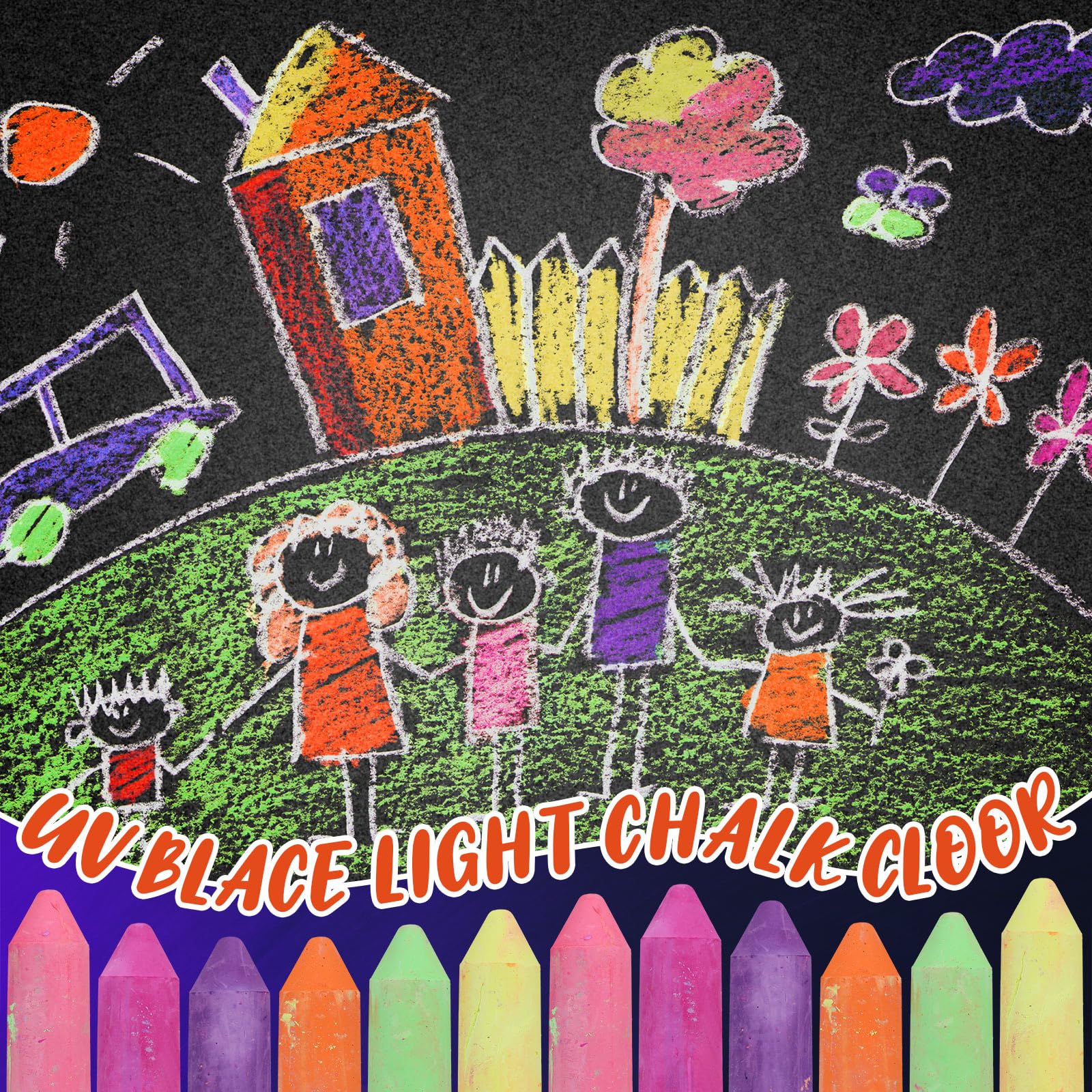 12-Pack UV Neon Glow in the Dark Chalk - 6 Vibrant Colors, Dustless & Washable Sidewalk Chalk for Kids Outdoor Play, Birthday Party Supplies, Blacklight Activities, Chalkboard Drawing & Playground Fun