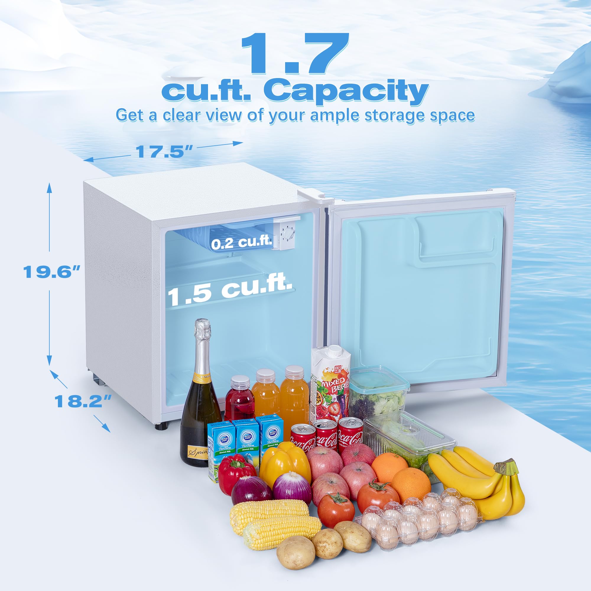 1.7 Cu.Ft Compact Refrigerator with Freezer - Energy Efficient, Low Noise, Auto Defrost Mini Fridge for Bedroom, Office, Dorm, Apartment - Perfect for Snacks, Drinks & Small Food Storage (White)