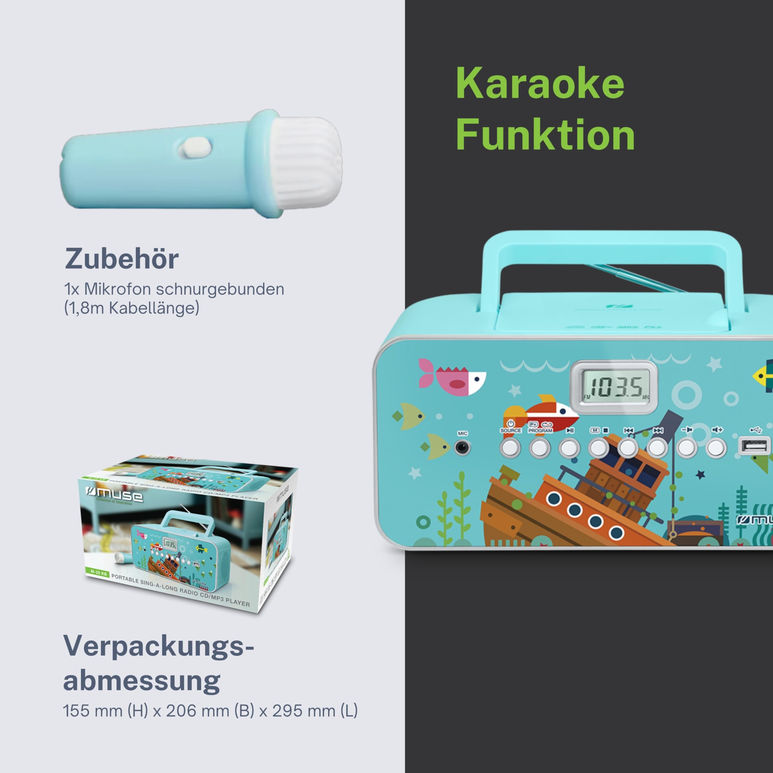 Muse M-29 Portable CD/MP3 Player with FM Radio - Multi-Colored Retro Boombox for Home, Office & Outdoor Use