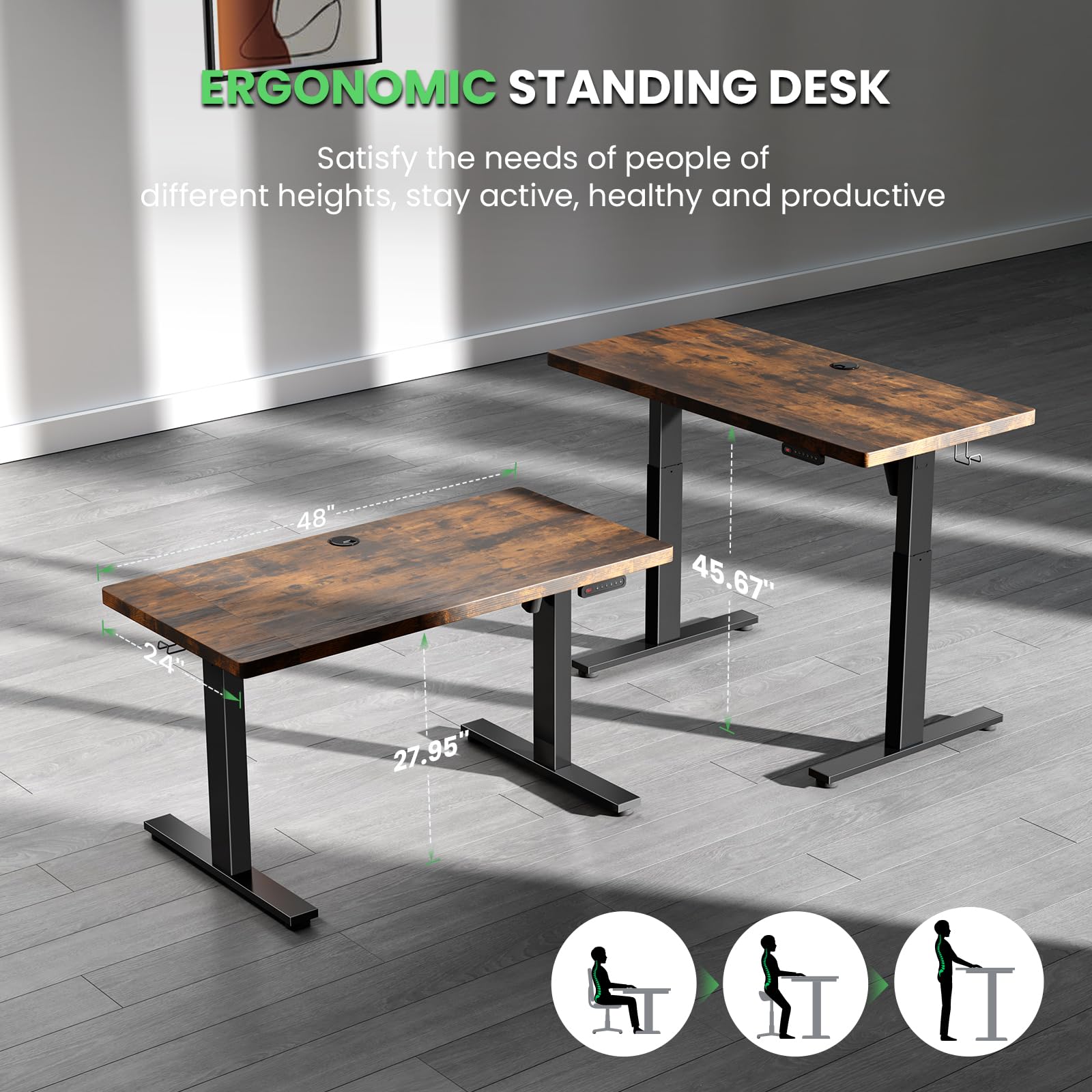 SIAGO 48 x 24 Inch Electric Standing Desk - Adjustable Height Sit Stand Desk with 3 Memory Presets & Cable Management - Perfect for Home Office, Gaming Setup & Workspace Ergonomics