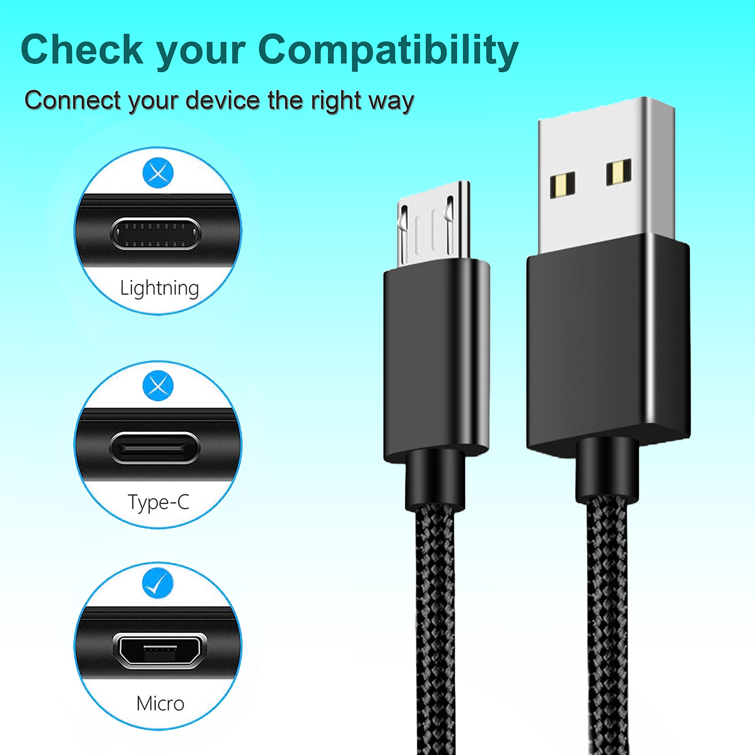 Fast Charging Nylon Braided Micro USB Cable - Durable Android Charger Cord Compatible with Samsung, HTC, Nokia, Sony, Motorola & More (6.6ft, Black) - Perfect for Home, Office & Travel Charging