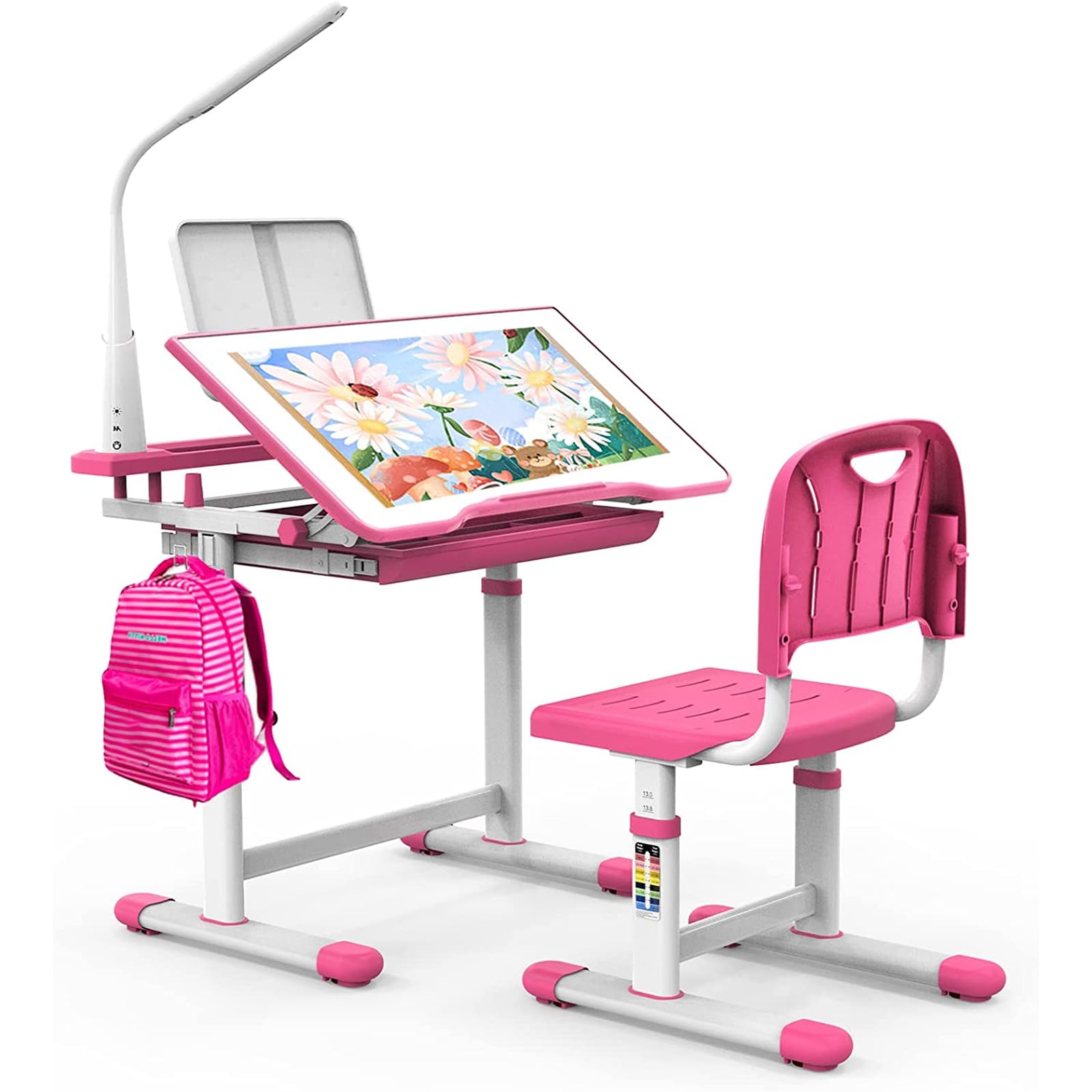 BELANITAS Kids Study Desk and Chair Set - Adjustable 40° Tilt Desktop with LED Light, Ergonomic Children's Writing Table for Ages 5-8 (Pink) - Perfect for Homeschooling, Online Learning & Birthday Gifts