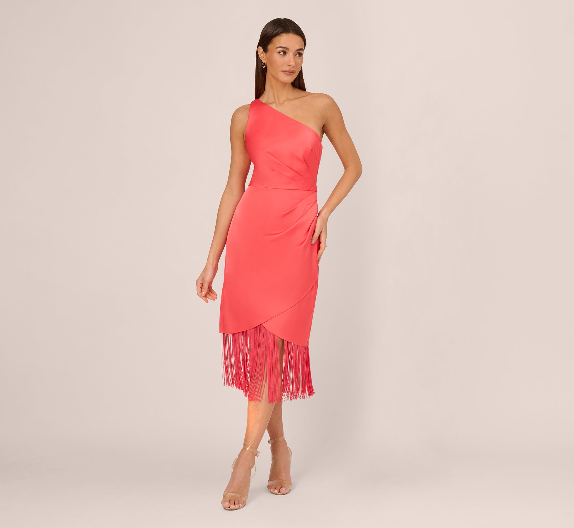 Elegant Stretch Satin One Shoulder Midi Dress with Fringe Skirt in Spicy Coral - Perfect for Cocktail Parties, Date Nights & Summer Weddings