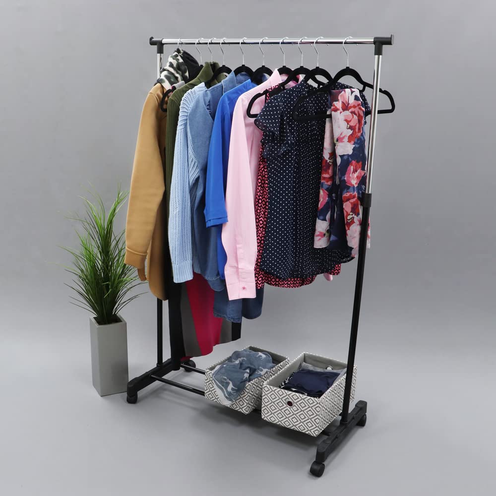 Adjustable Garment Rack with Wheels - Heavy Duty Metal Clothing Rail Organizer for Closet, Laundry Room & Retail Store - Black (Model 11-021)