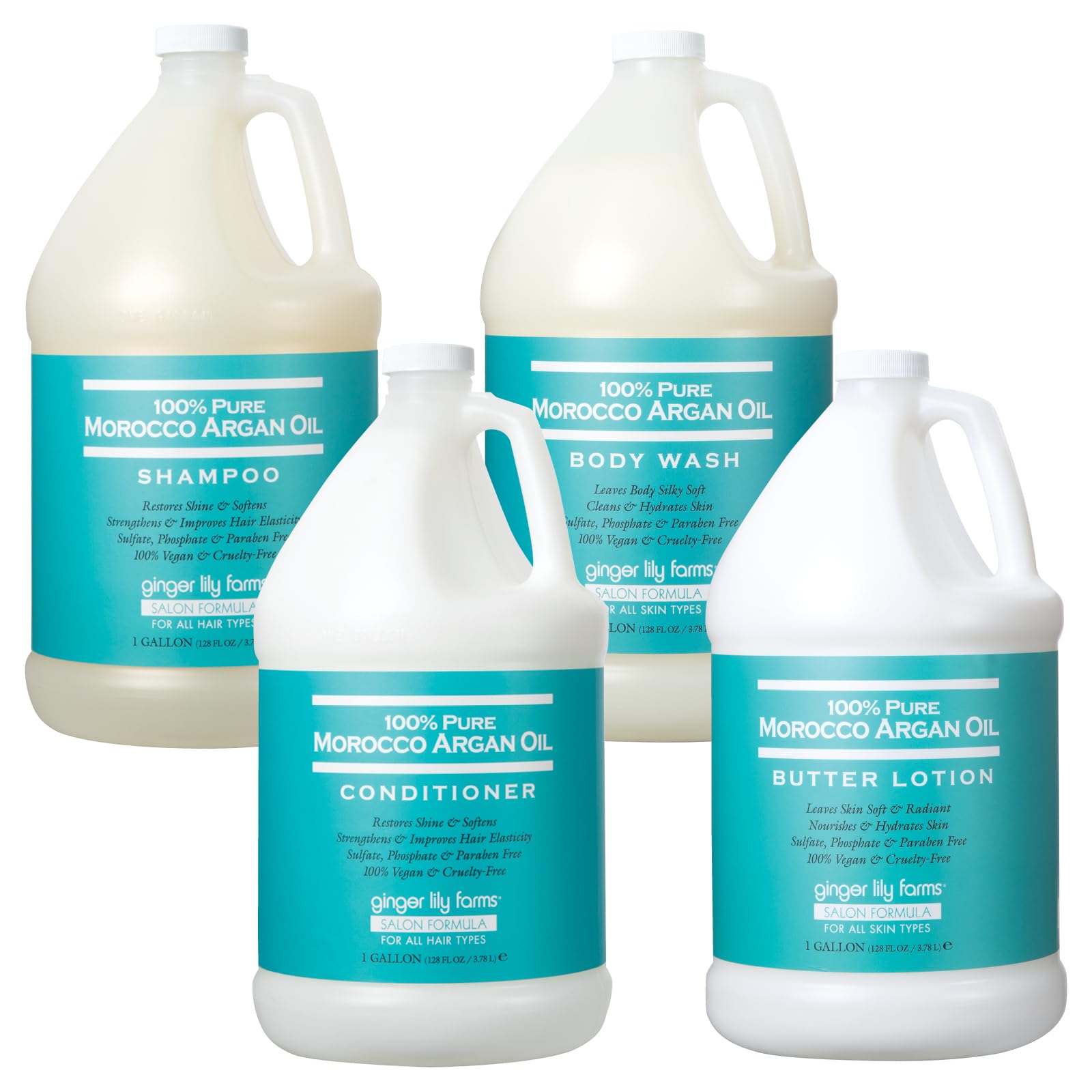 Ginger Lily Farms Salon Formula 100% Pure Moroccan Argan Oil Shampoo, Conditioner, Body Wash & Butter Lotion Bundle - 1 Gallon Each - Hydrating Hair & Skin Care Set for Salon-Quality Results at Home