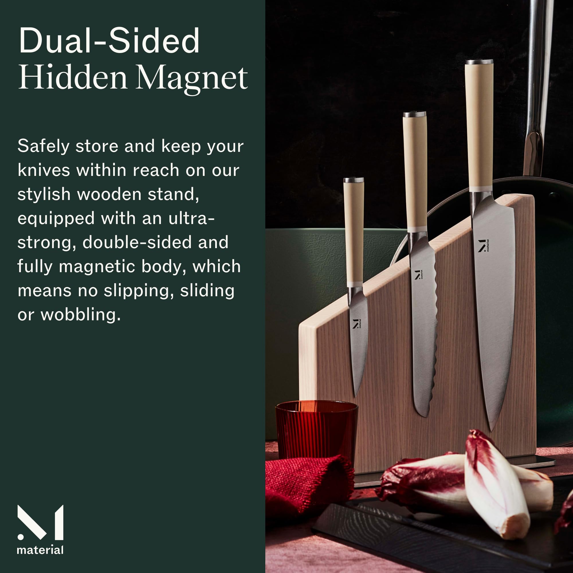 Magnetic Wood Knife Stand - Modern Knife Block for Safe Storage & Display of 10 Knives - Large Capacity White Ash Knife Holder for Kitchen Countertop & Chef's Workspace