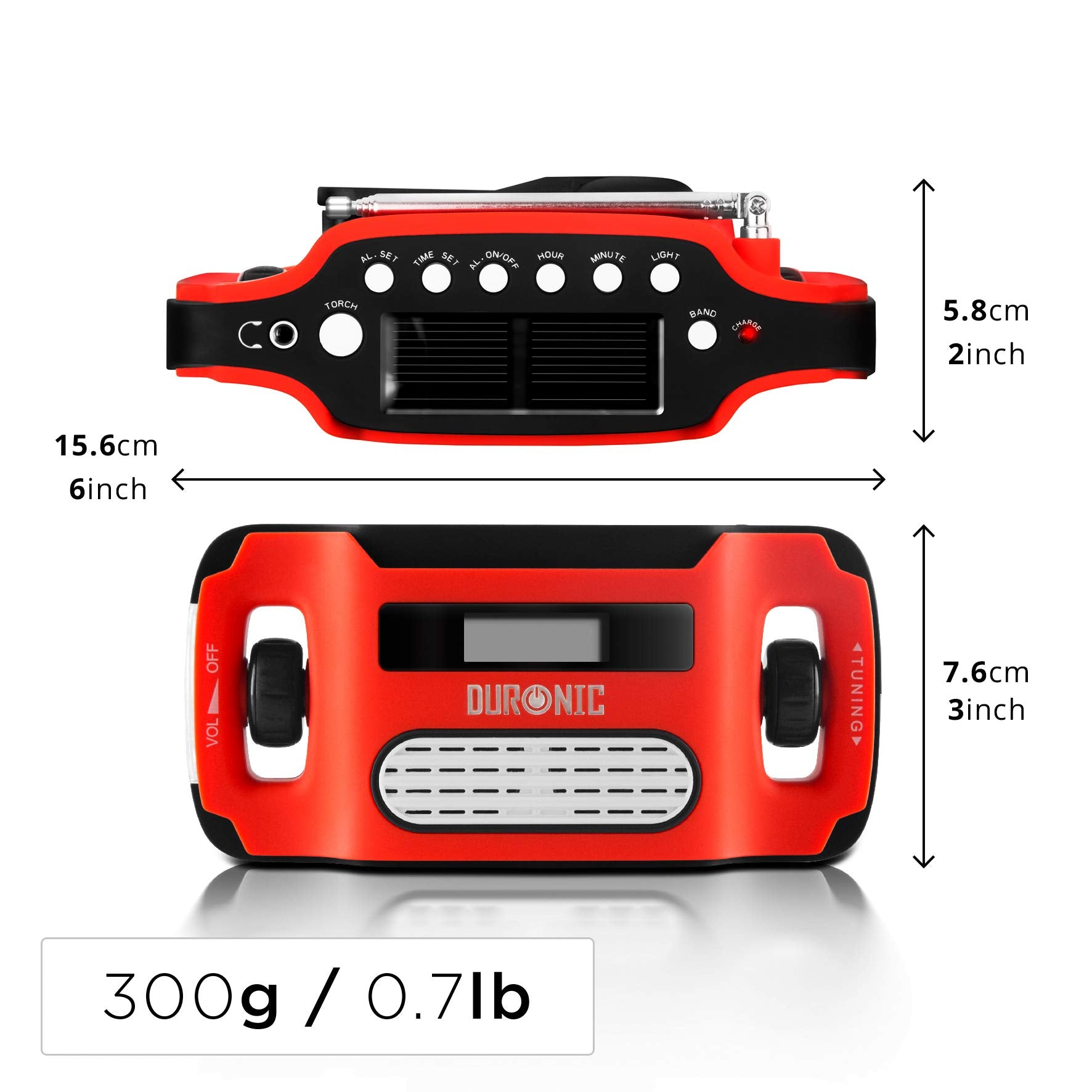 Duronic Solar Powered Flashlight & AM/FM Radio - Rechargeable, Portable, 3 Charging Methods (Solar, Hand Crank, Battery-Free) with Adjustable Antenna | Perfect for Camping, Hiking, Emergencies & Outdoor Adventures