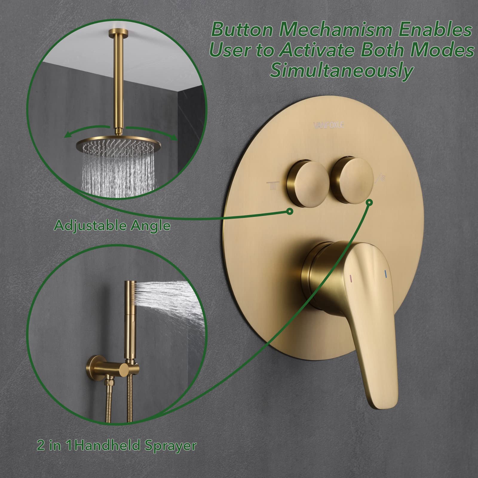 VANFOXLE Brushed Gold Shower Faucet Set with 2-in-1 Handheld Shower Head - 10 Inch Ceiling Mounted Shower System with Push Button Diverter (Includes Rough-in Valve Body & Trim) - Perfect for Modern Bathroom Renovations and Luxury Spa Experience
