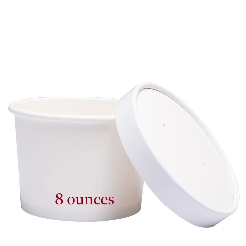 500-Pack AME D'ESSENCE 8 oz White Paper Soup Containers with Vented Lids - Hot & Cold Food To-Go Cups for Ice Cream, Gelato, Yogurt, Soups - Perfect for Takeout, Restaurants & Catering