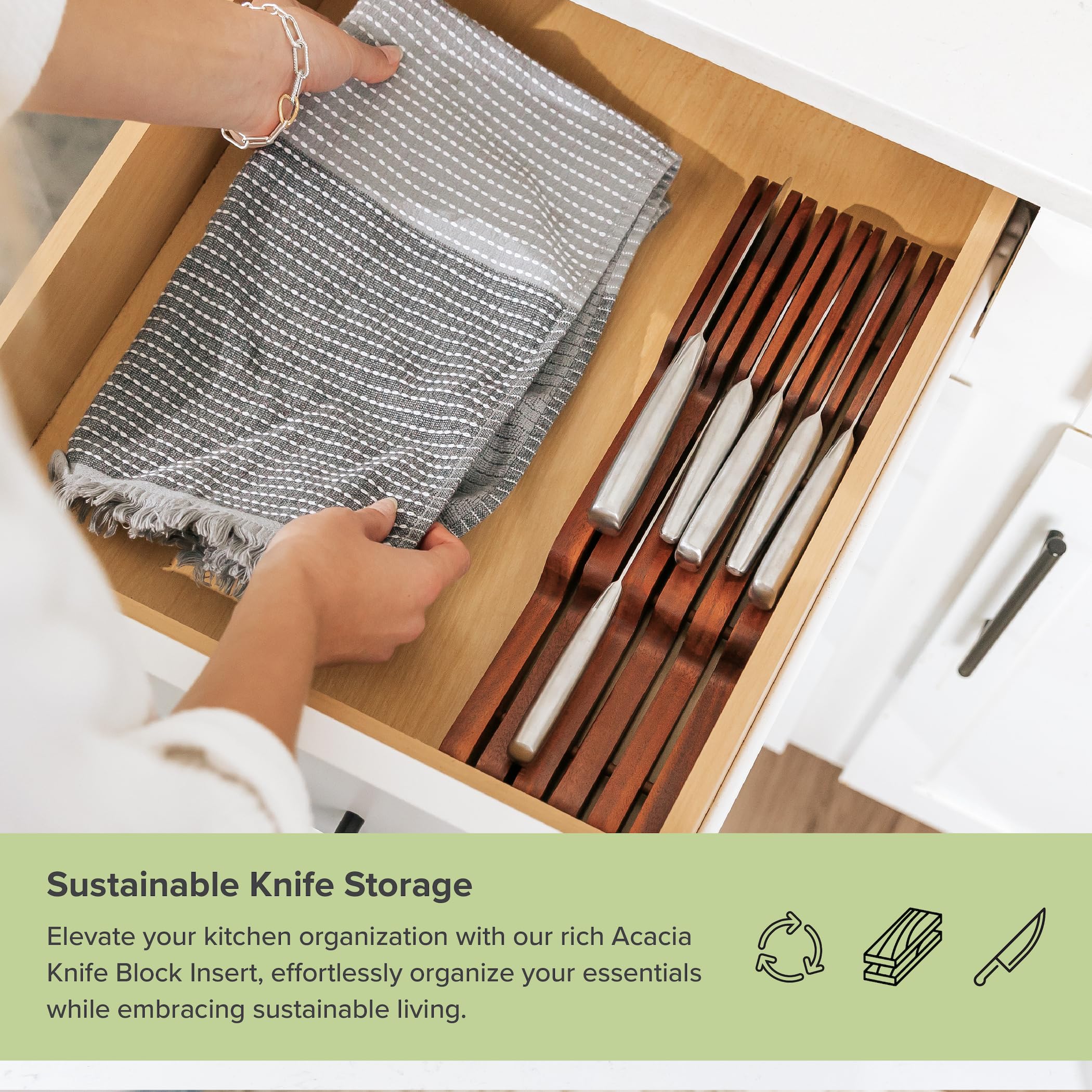 Premium Acacia Wood Knife Block Holder - Organizer for 5 Long & 6 Short Knives (Not Included), Universal Fit with Rubber Feet & Food-Safe Finish | In-Drawer Kitchen Storage for Countertop or Cabinet Use