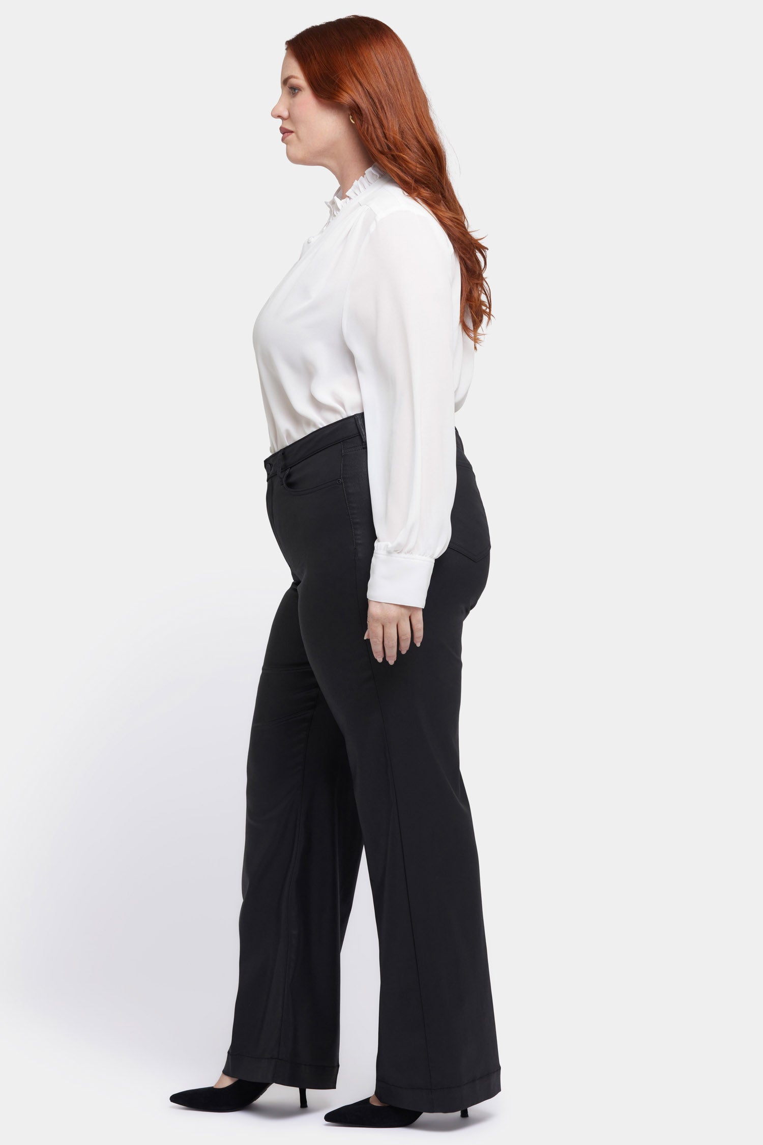 Plus Size Black Coated Teresa Wide Leg Jeans for Women - Stylish High Waist Stretch Denim Pants for Casual Wear & Office Outfits