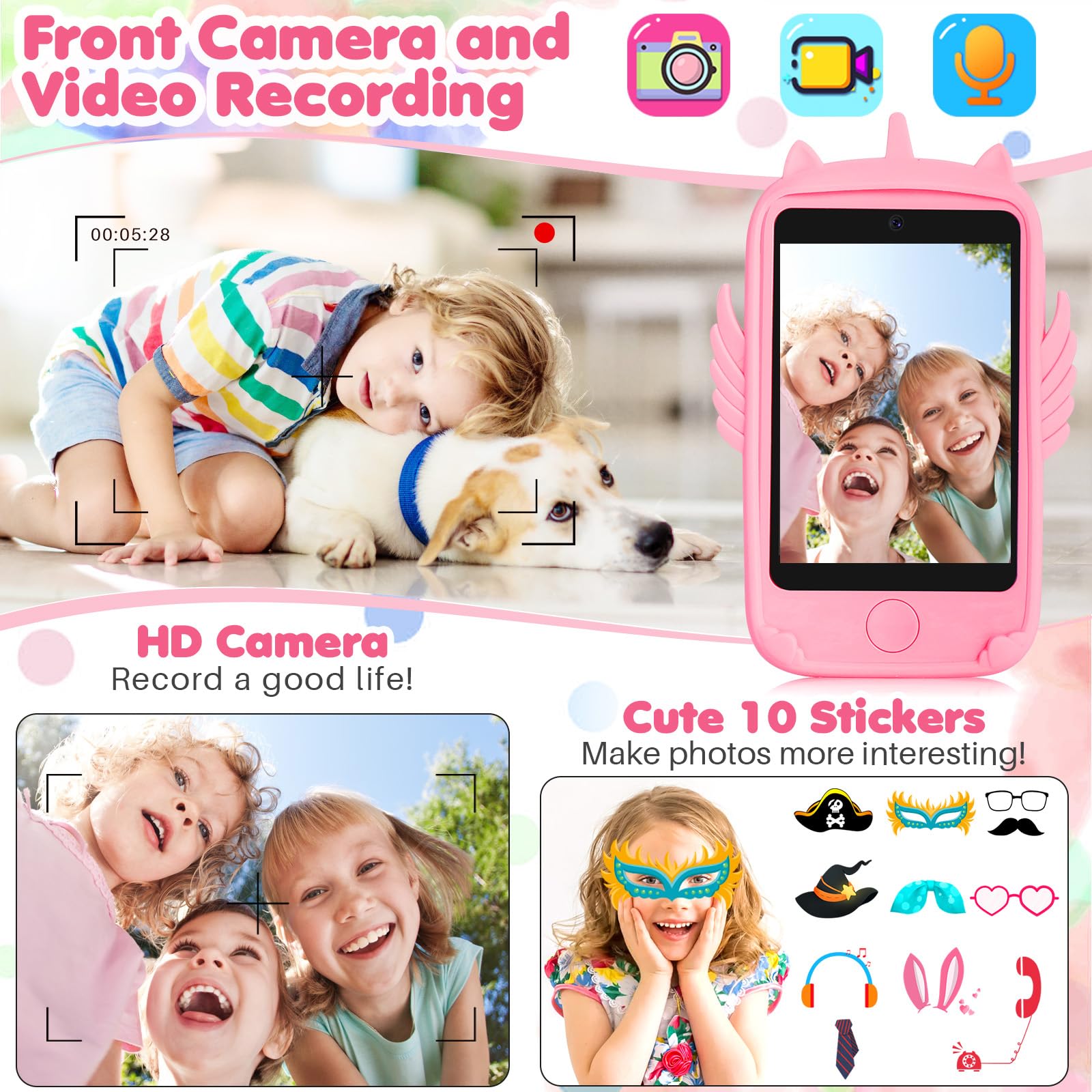 Smart Kids Phone with Touchscreen - Interactive Learning Toy for Boys & Girls Ages 3-10 | Educational Games, Fun Sounds & Lights | Perfect Christmas & Birthday Gift (Pink) - Ideal for Playtime, Travel & Early Learning Development