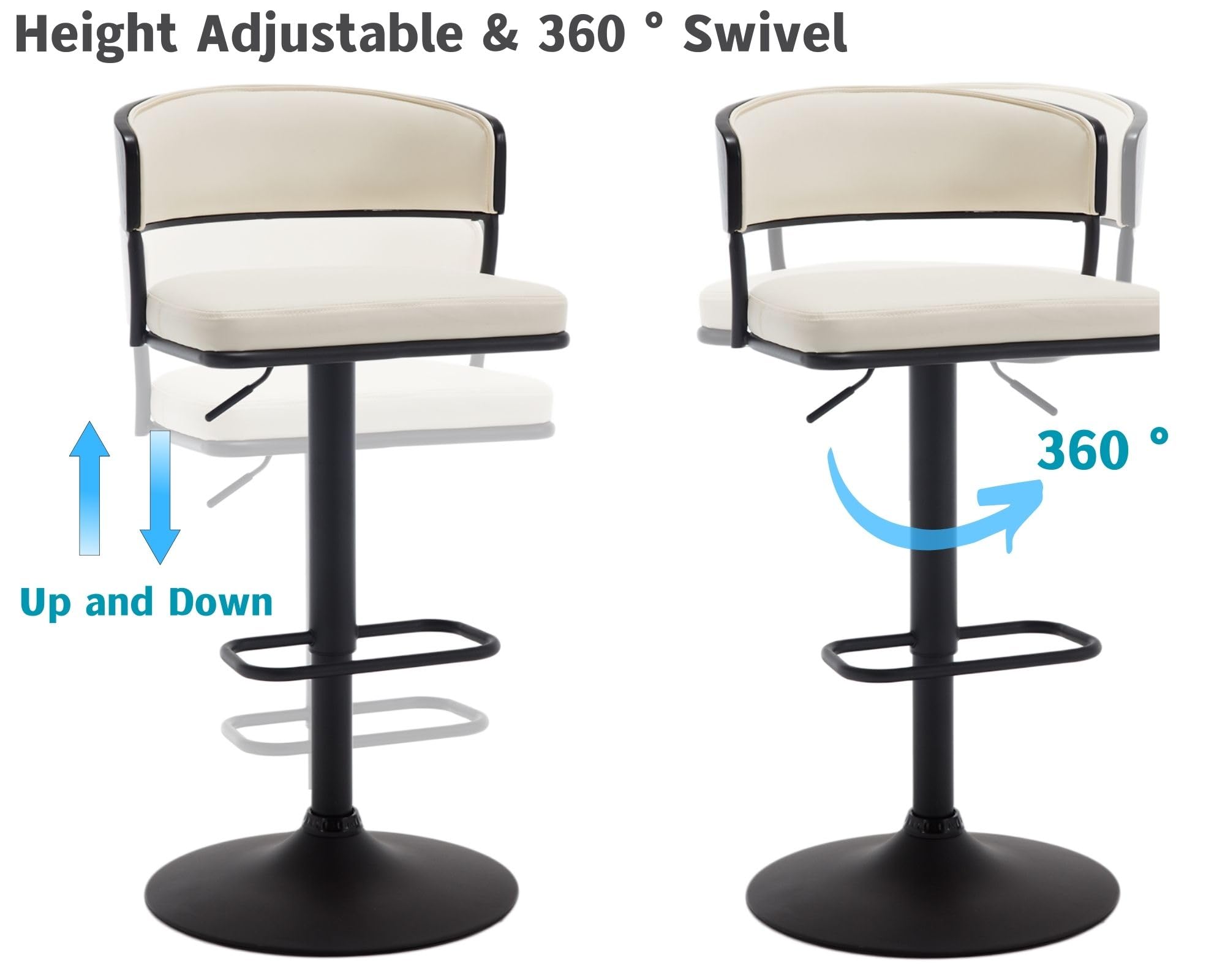 Modern Faux Leather Swivel Bar Stools Set of 2 - Adjustable Height Counter Stools with Curved Back & Sturdy Metal Base - Upholstered Bar Chairs for Kitchen Island, Breakfast Nook or Home Bar - Beige