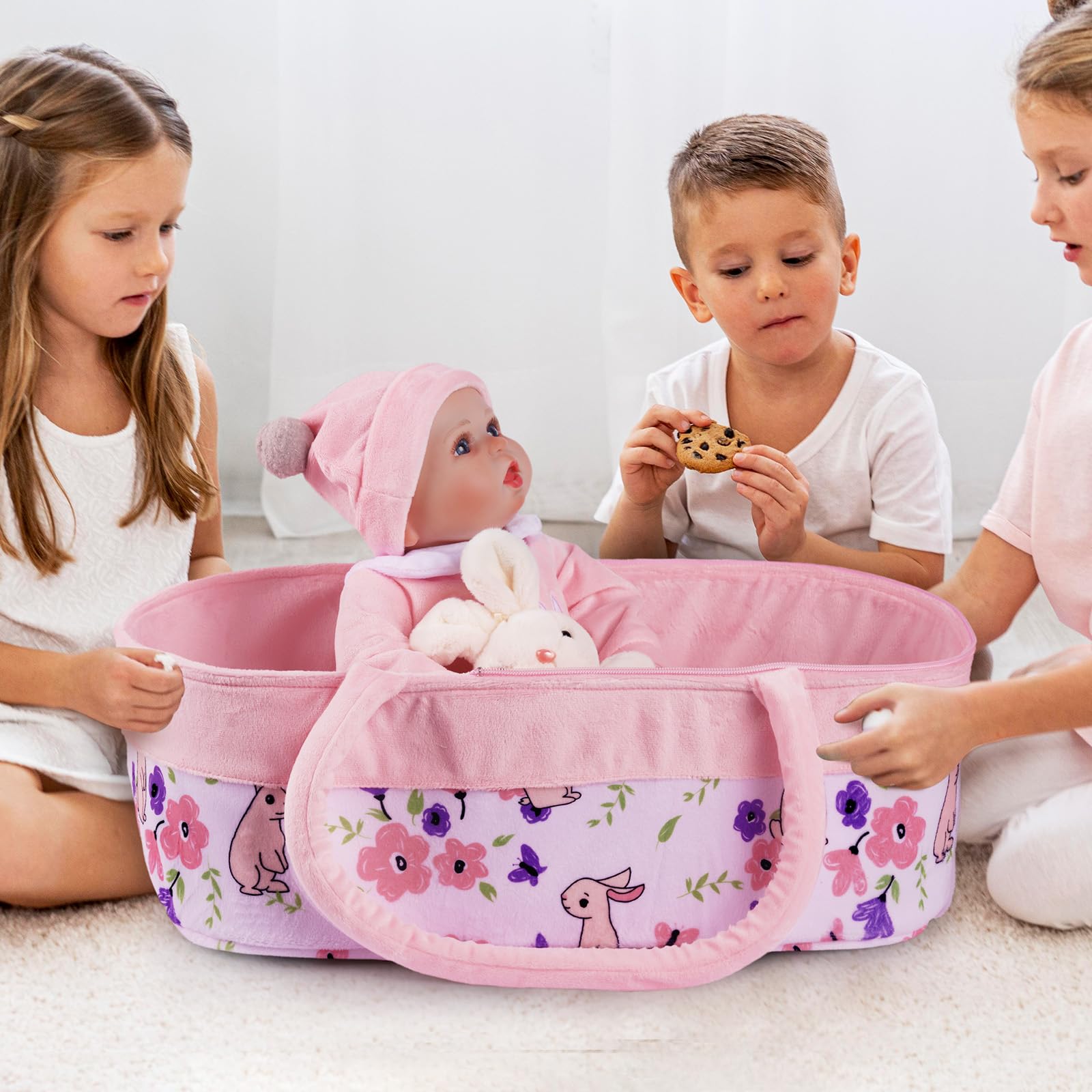 8-Piece Reborn Baby Doll Clothes Set with Bassinet & Bunny Toy - Outfits for 17-22 Inch Newborn Baby Dolls - Perfect for Playtime, Nursery Decor & Gift Giving
