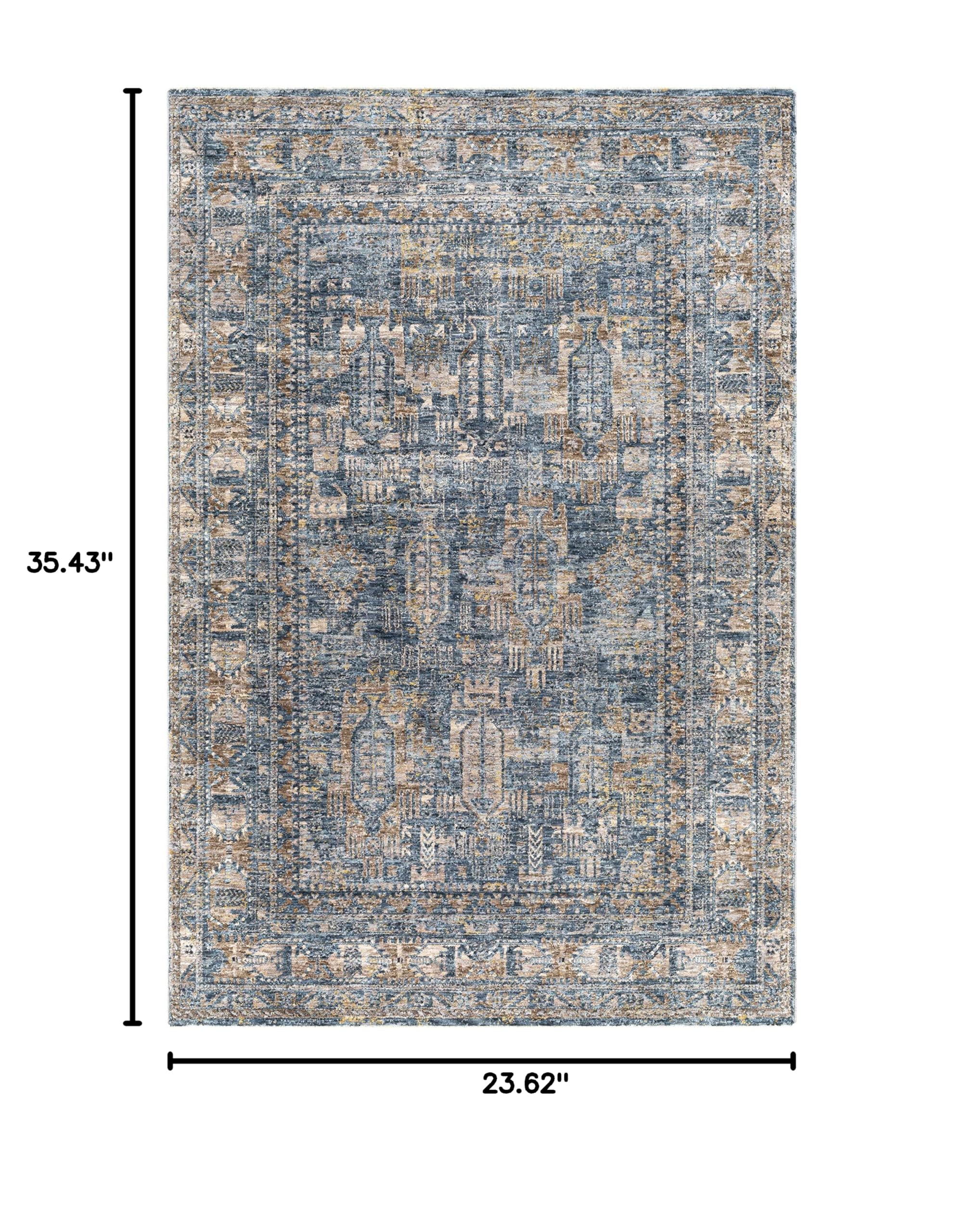 Hauteloom Cooranbong Traditional Area Rug - Beige, Brown, Blue - 2' x 3' - Soft Living Room & Bedroom Carpet for Home Decor - Perfect for Cozy Spaces, Dorm Rooms, and Office Spaces