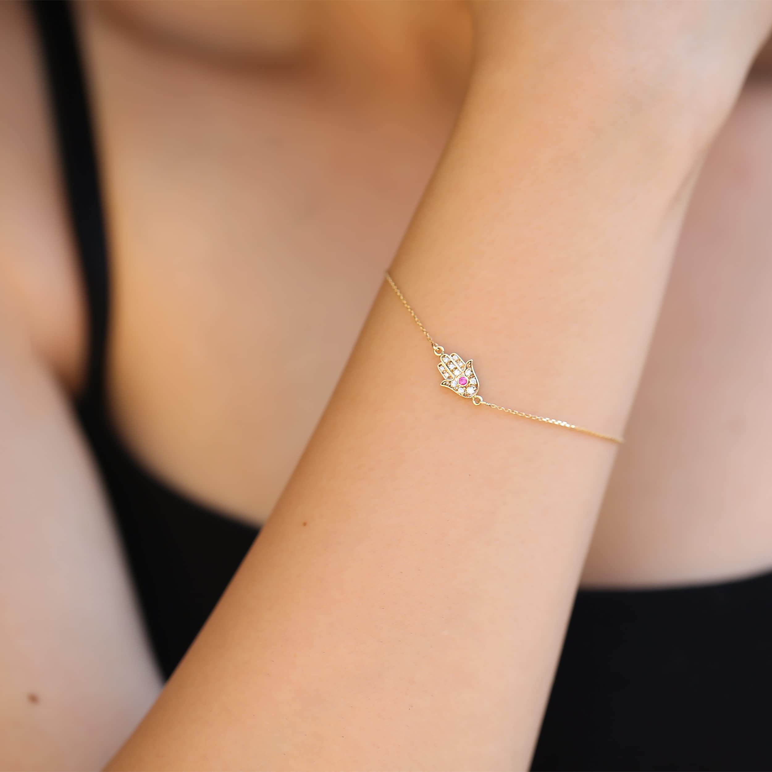 14K Gold Dainty Diamond Hamsa Bracelet - July Birthstone Ruby Charm - Spiritual Protection Jewelry - Perfect Gift for Women, Mom, Wife - Ideal for Everyday Wear, Meditation & Special Occasions
