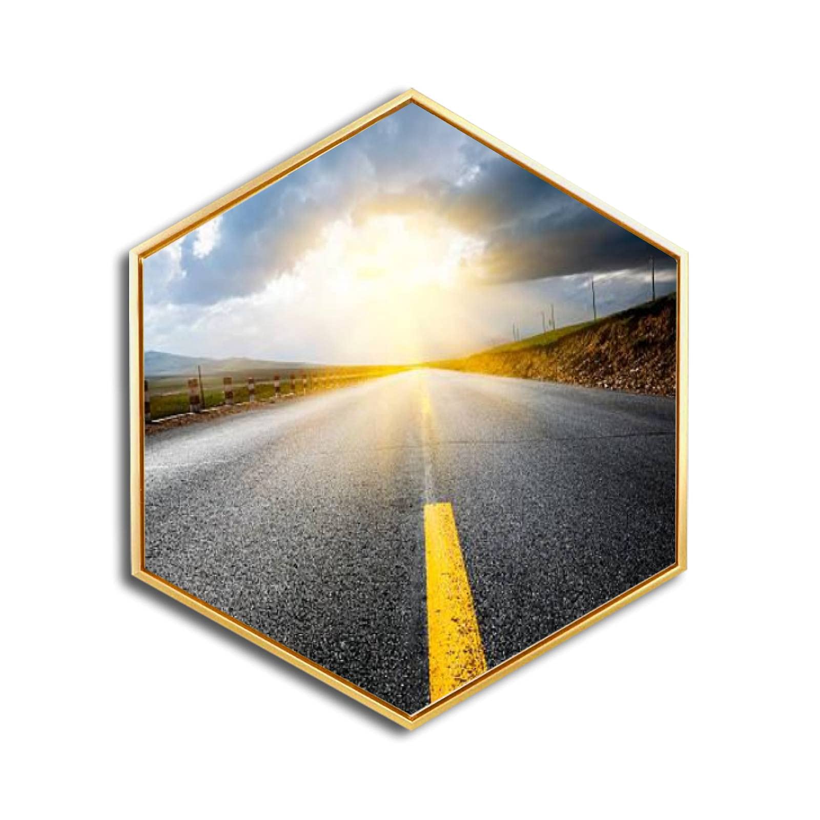 Golden Framed Canvas Wall Art - Road Thunderstorm Giclee Print | Modern Minimalist Hexagon Wall Decor for Home & Office | Ready to Hang | Perfect for Living Room, Bedroom & Workspace