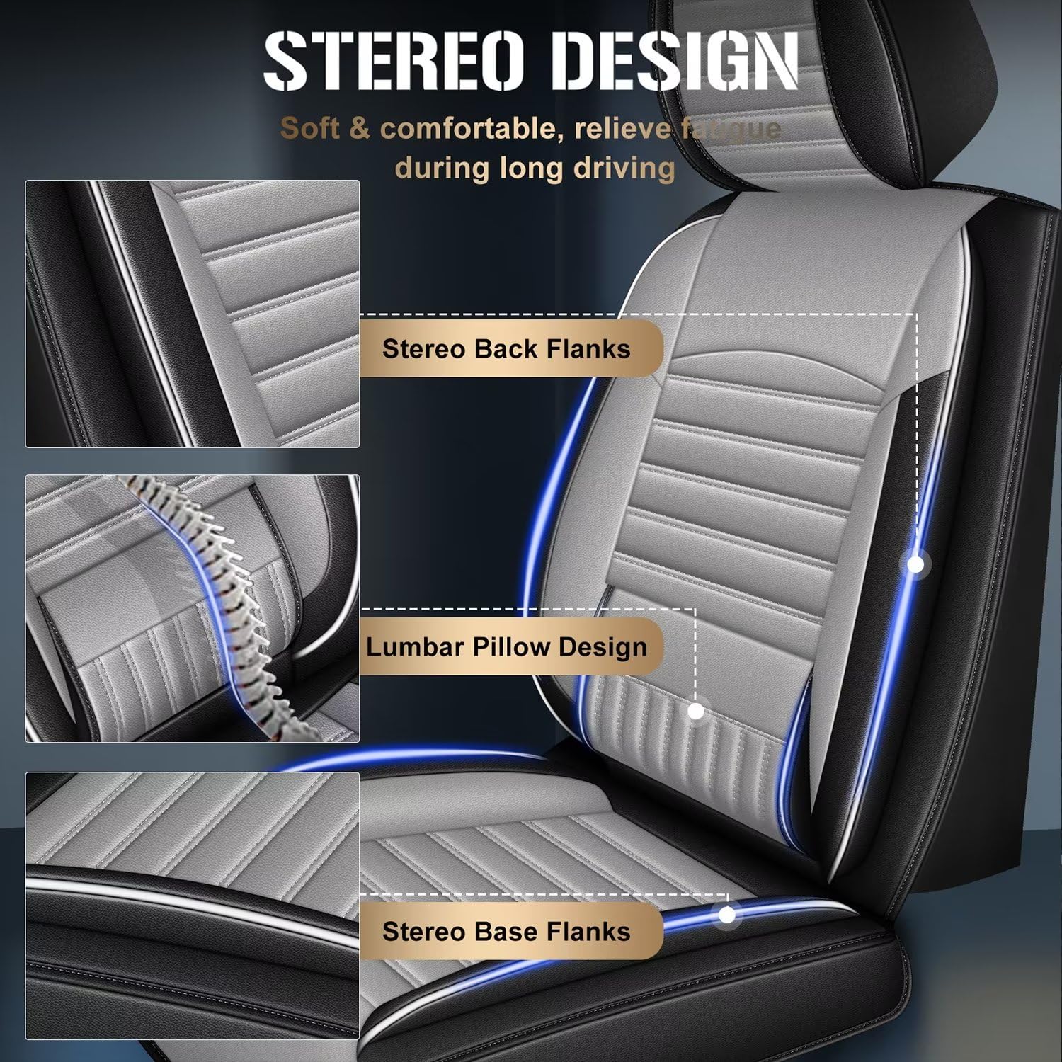 TTX LIGHTING Waterproof Faux Leather Car Seat Covers - Full Set 5 Seats for BMW 5 Series (2004-2025 Models) | Airbag Compatible Seat Protector | Gray & White | Perfect for Daily Commute, Road Trips & Family Protection