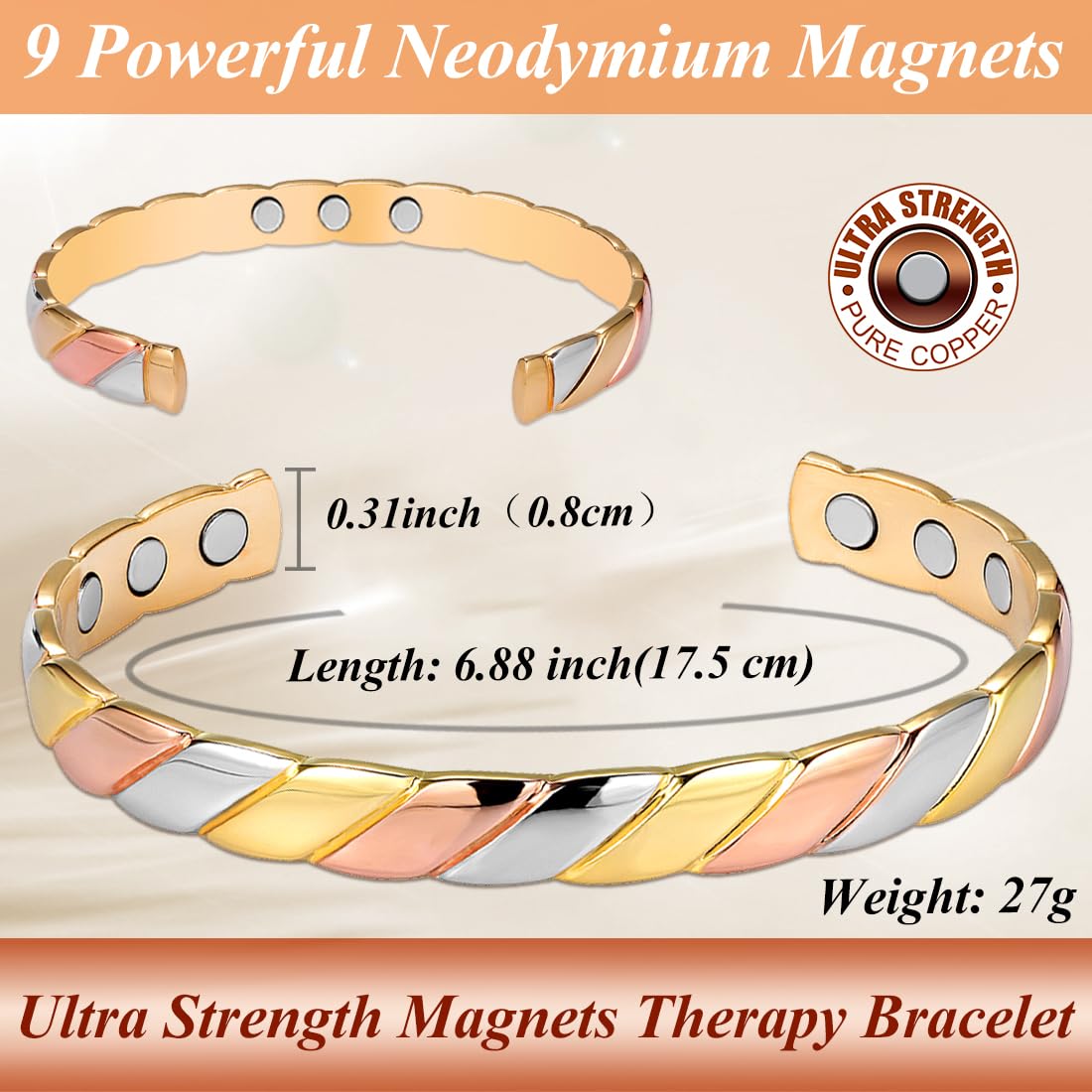 Pure Copper Bracelets for Women - Adjustable Magnetic Cuff Bangle for Strength & Wellness | Fashion Jewelry & Healing Accessory for Daily Wear, Yoga, Meditation