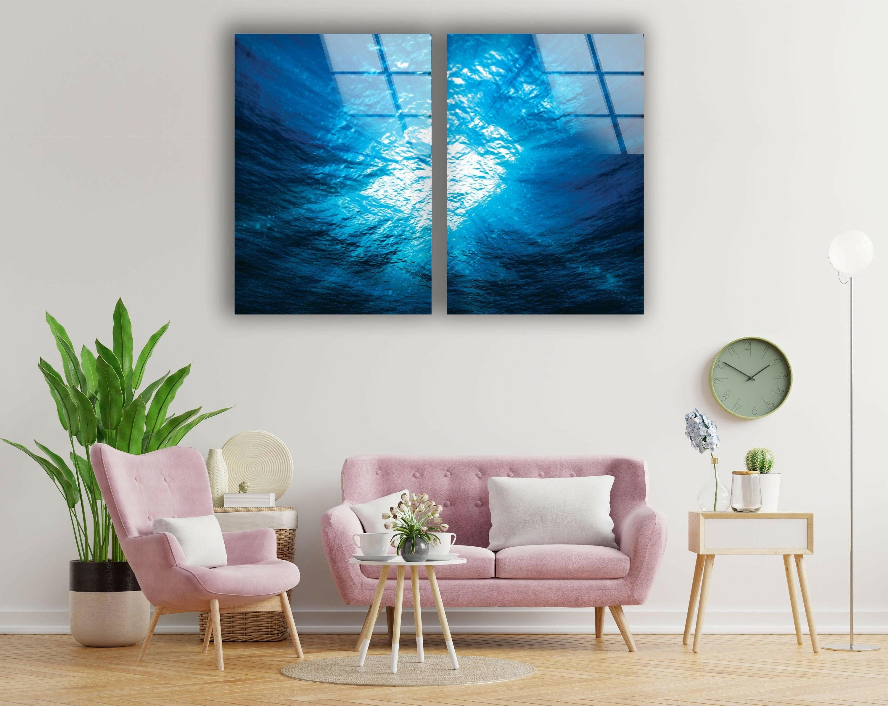 Blue Deep Underwater Abstract Glass Wall Art - Handmade Ocean Themed Decor for Living Room, Bedroom & Office - Perfect Modern Home & Office Decoration