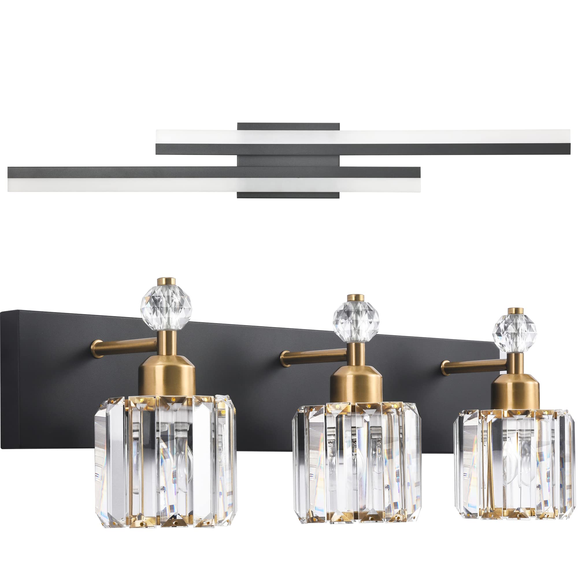 Modern Dimmable LED Vanity Light Bar - Matte Black Bathroom Lighting Fixture with Crystal Accents for Elegant Bathroom & Makeup Room Decor