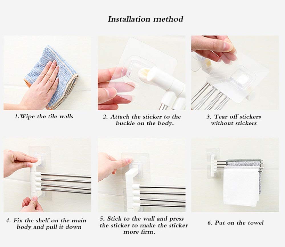 4 Bar Stainless Steel Folding Self-Adhesive Towel Hanger - Space Saving Bathroom, Kitchen & Bedroom Organizer - Rustproof Towel Rod & Stand for Home Accessories - Perfect for Small Spaces & RVs
