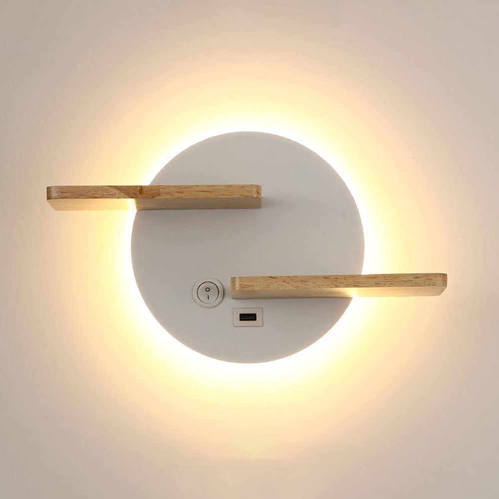 Modern LED Wall Sconce with Switch & USB Charging Port - Acrylic Shade Metal Wall Lamp for Bedroom, Living Room - Bedside Night Light with Creative Shelf Design (White) | Perfect for Reading, Ambient Lighting & Phone Charging