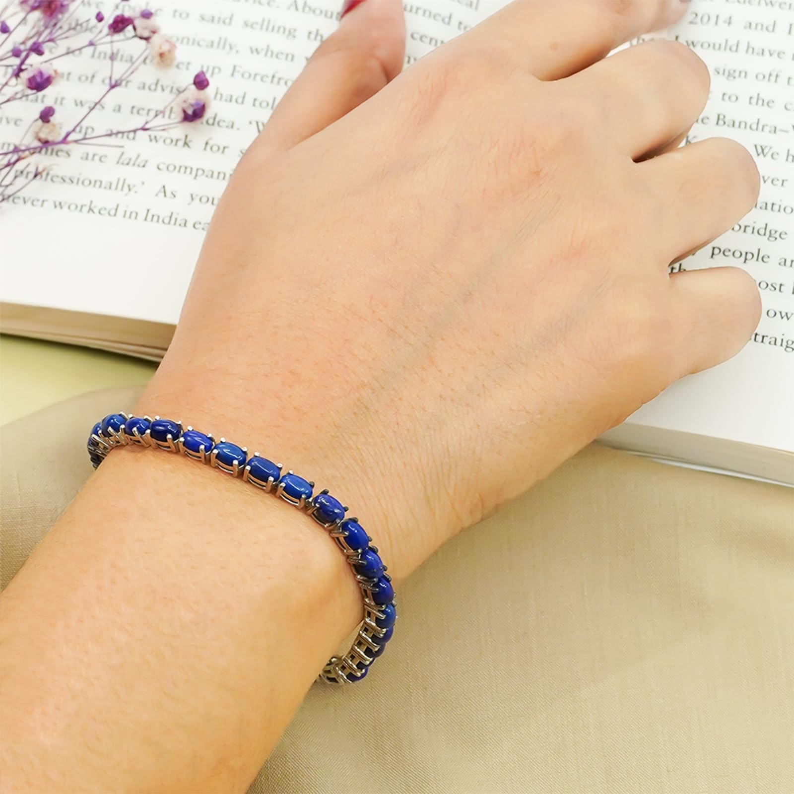 925 Sterling Silver Tennis Bracelet for Women - Lapis Lazuli Gemstone Designer Jewelry, 7.5