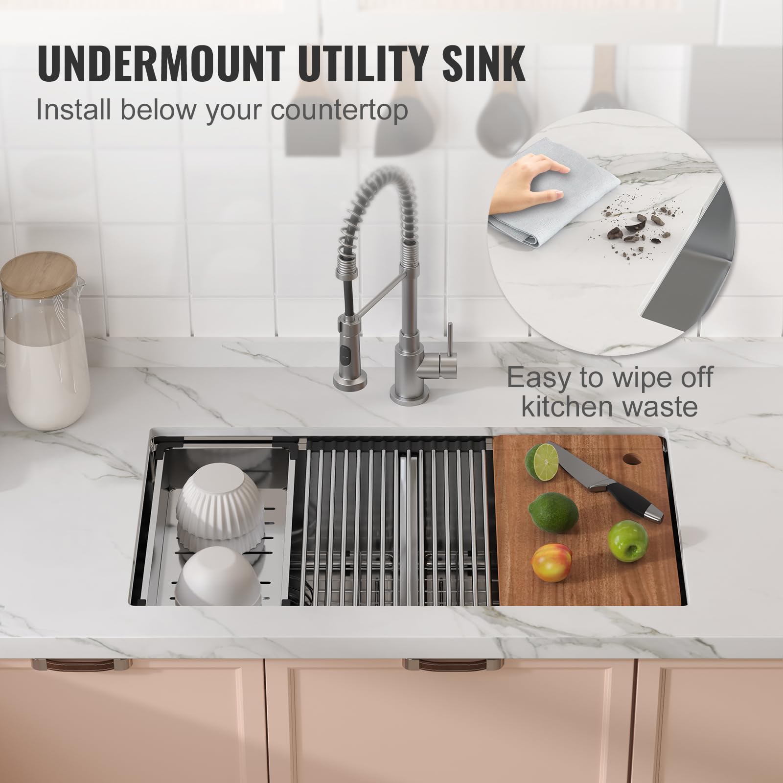 VEVOR 33 Inch 304 Stainless Steel Double Bowl Kitchen Sink - Undermount/Drop-In Design with Ledge & Accessories - Durable Workstation, RV, Prep Kitchen & Bar Sink for Dishwashing & Food Preparation